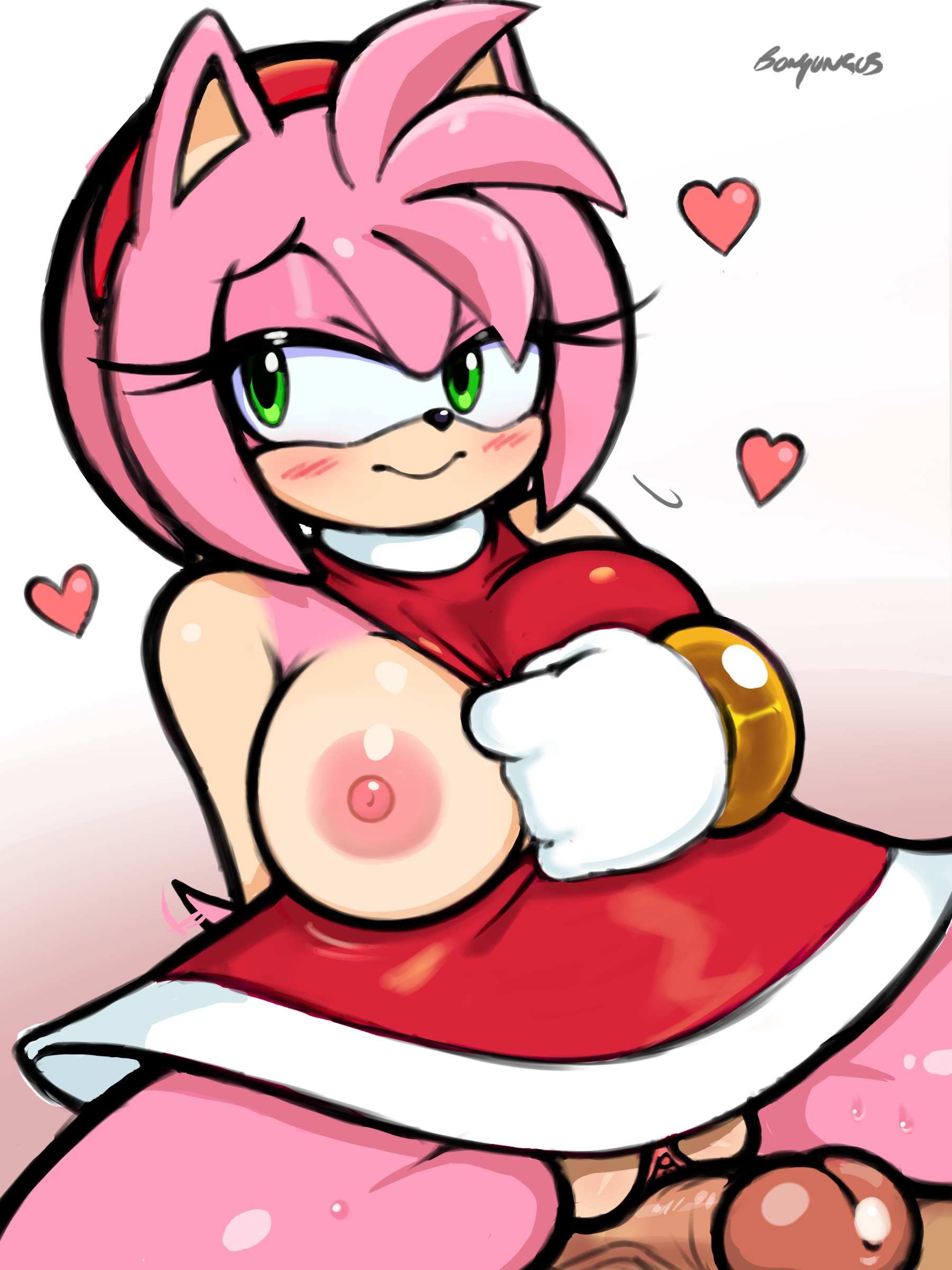 1boy, 1girls, amy rose, blush, bonyungus, breast out, breast slip, breasts, clitoris, cum, dress, female, gloves, grinding, grinding on penis, hairband, male, nipples, no panties, penis, pussy, sonic (series), thighs