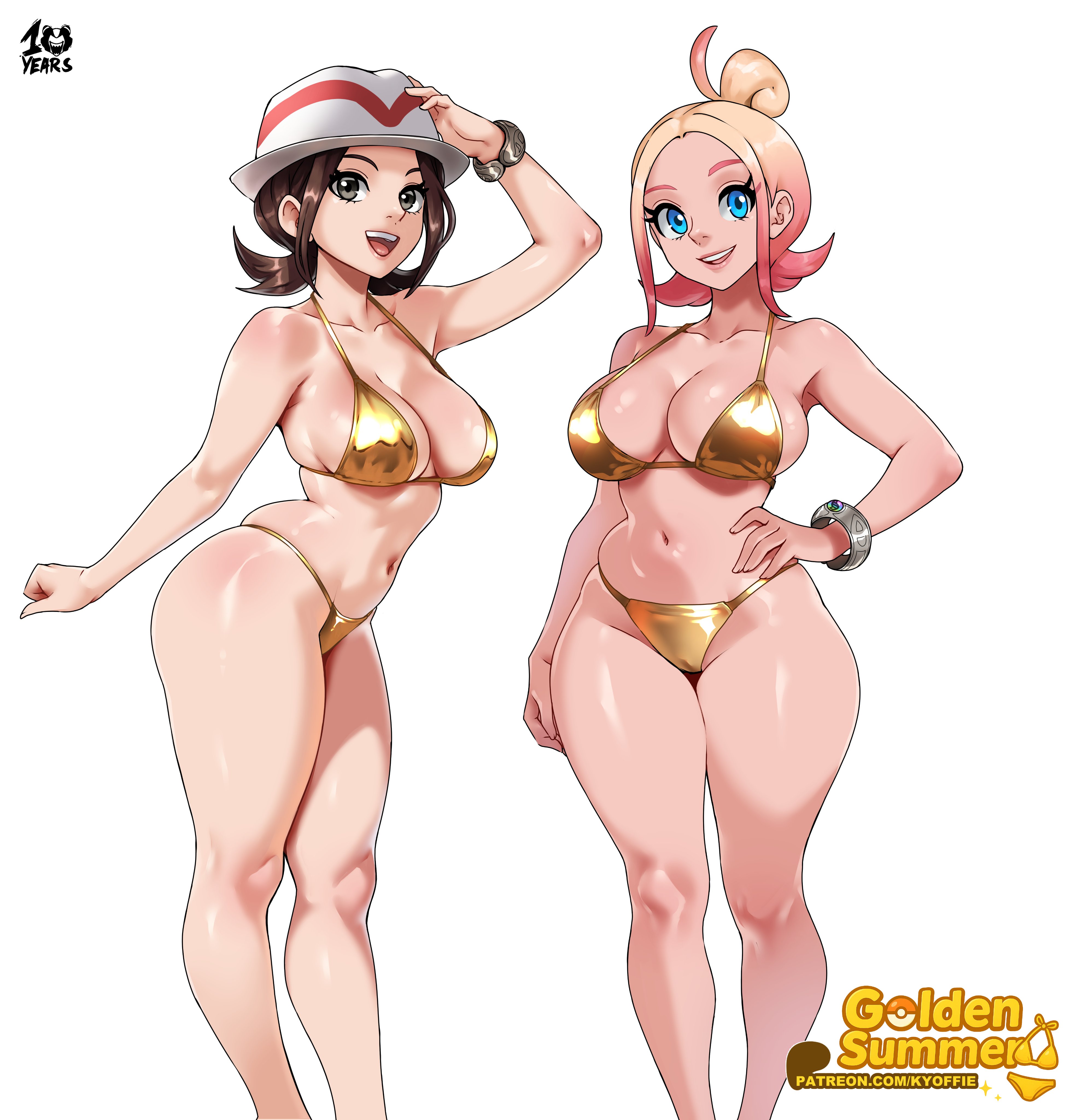 2025, 2girls, big breasts, bikini, blonde hair, blonde-haired female, blue eyes, breasts, brown hair, brown-haired female, female, female only, game freak, gold bikini, grey eyes, harmony (pokemon), hat, kyoffie, mega bracelet, multicolored hair, nintendo, pale skin, pale-skinned female, pokemon, pokemon legends: z-a, seika (pokemon), swimsuit, swimwear, tagme, taunie (pokemon), thick thighs, townie (pokemon), watermark, white background