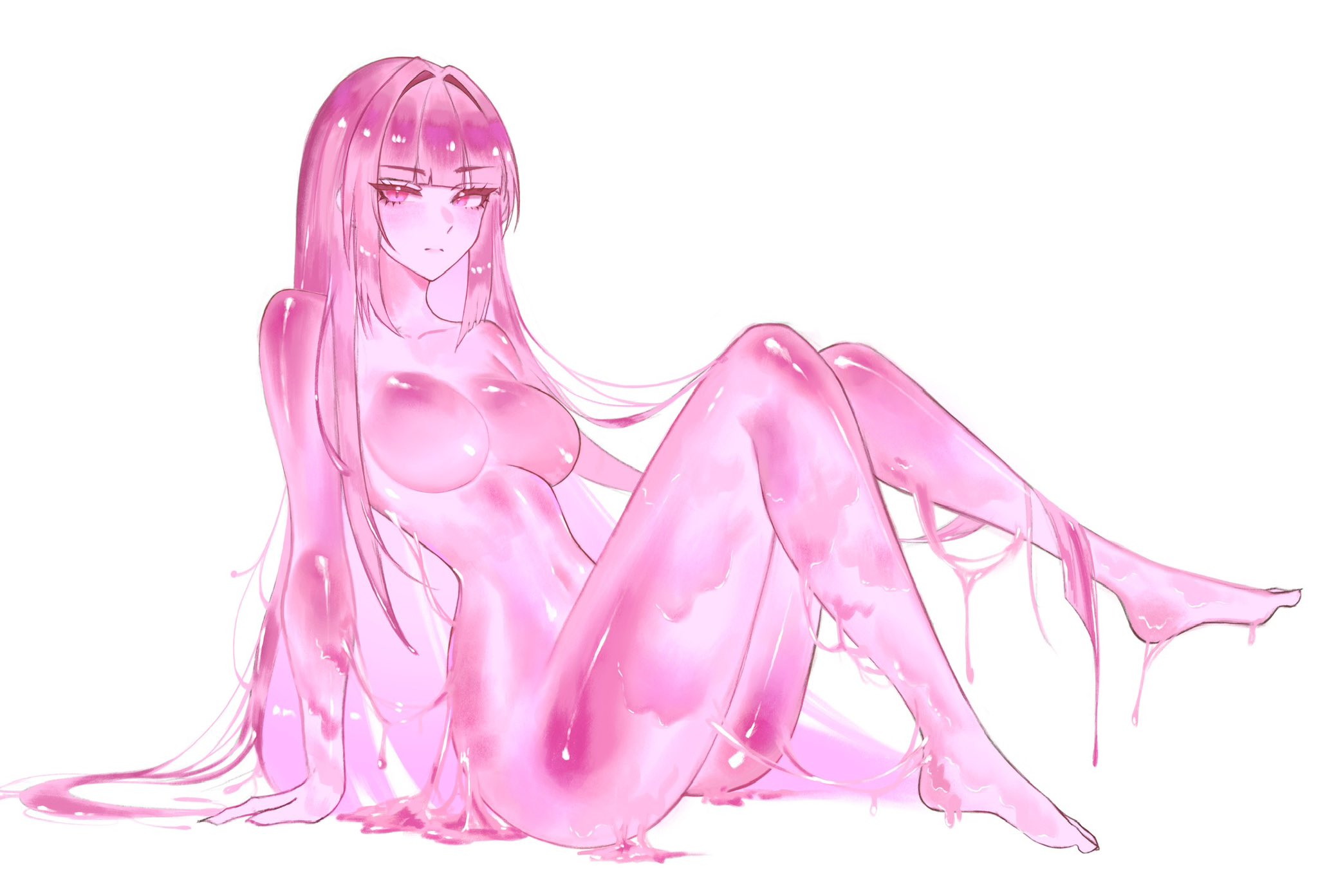 1girls, belly, big breasts, blank expression, blank eyes, blank stare, blunt bangs, breasts, busty, busty female, calves, collarbone, commission, commission art, completely naked, completely naked female, completely nude, completely nude female, curvaceous, curvaceous body, curvaceous female, curvaceous figure, curvaceous hips, curvy, curvy body, curvy female, curvy figure, curvy hips, digital, digital art, digital drawing, digital drawing (artwork), digital media, digital media (artwork), dripping wet, emotionless, eyebrows visible through hair, feet, feet up, female, female focus, female only, fingers, foot up, full body, fully naked, fully nude, high resolution, highres, hourglass figure, inframammary fold, knee up, knees, knees up, large boobs, large breasts, lean figure, leg up, legs, legs up, long hair, looking at viewer, medium breasts, midriff, naked, naked female, naked woman, narrow waist, neutral expression, nude, nude female, nudity, original, original art, original artwork, original character, pink eyebrows, pink eyes, pink hair, pink-eyed female, pink-haired female, plump breasts, s7nsles, shoulders, simple background, sitting, slender body, slender waist, slim waist, slime girl, slimy, slimy body, soaked, solo, thick thighs, thighs, toes, topless, topless female, underboob, wet, wet ass, wet belly, wet body, wet breasts, wet face, wet hair, wet legs, wet skin, wet thighs, white background, wide hips