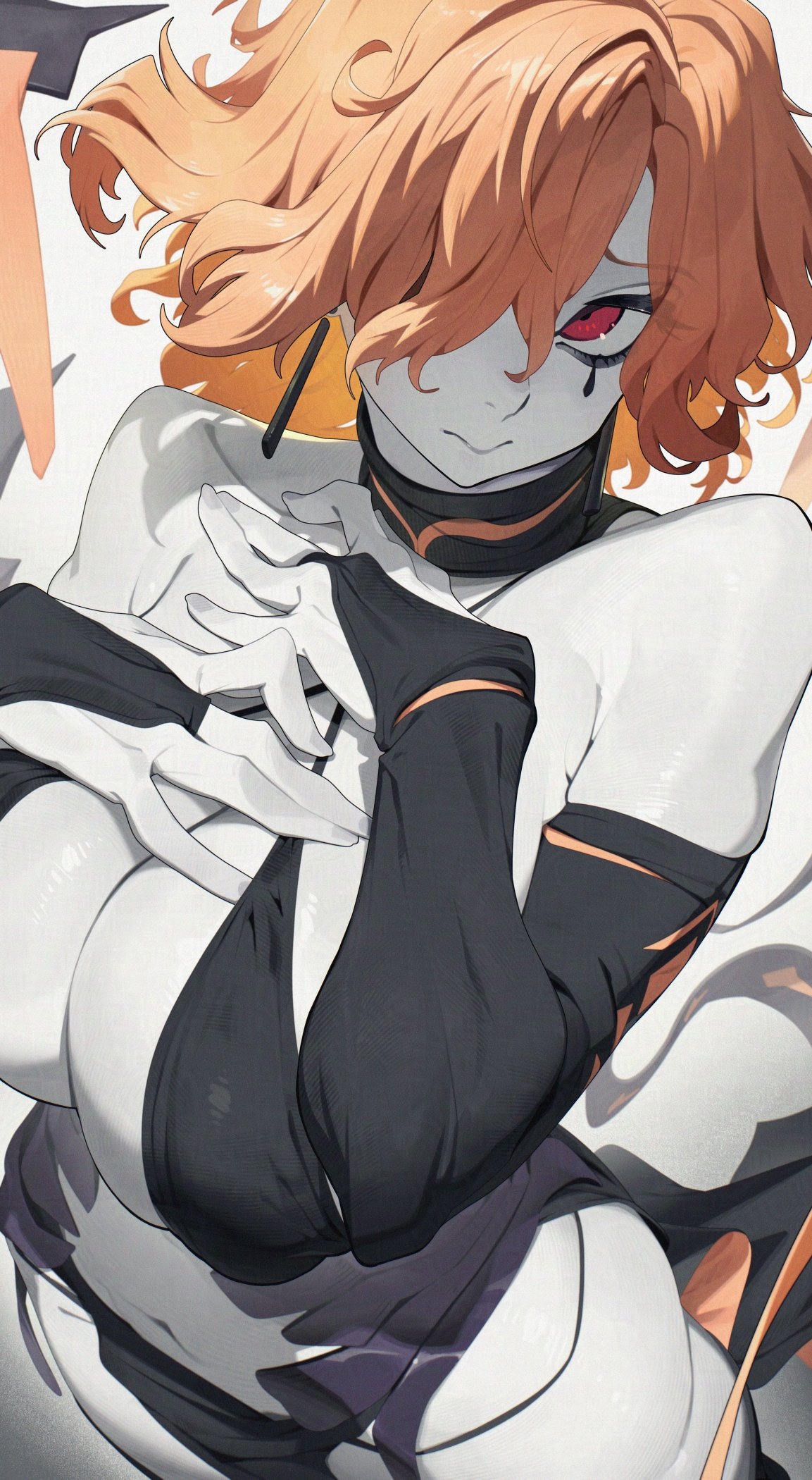 armpit crease, bare shoulders, bikini, black bikini, black gloves, breasts, bridal gauntlets, cleavage, collarbone, colored skin, commission, commissioner upload, curvy, earrings, elbow gloves, embarrassed, facial mark, female, female focus, female only, fingerless gloves, fire emblem, frown, gloves, grey skin, hair over one eye, halter top bikini, hand on own chest, hata4564, highres, huge breasts, jewelry, kronya (fire emblem), lhata4564, looking at viewer, navel, nintendo, orange hair, pale skin, pelvic curtain, pinup (style), red eyes, revealing clothes, short hair, shy, simple background, solo, standing, strawberry blonde hair, swimsuit, tattoo, teardrop tattoo, turtleneck, wide hips
