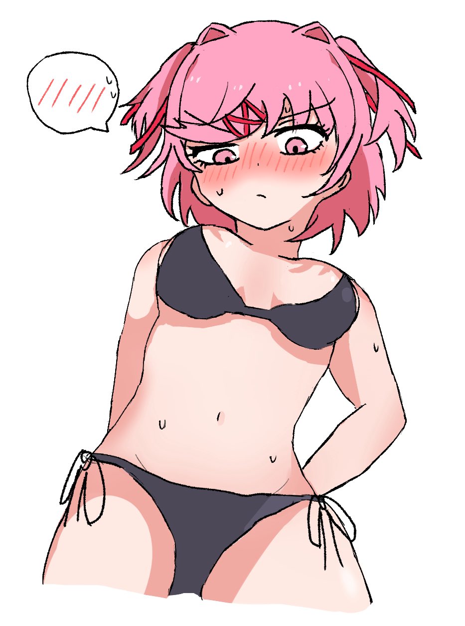 1girls, 2b enpituu, bikini, bikini bottom, bikini top, black bikini, black bikini bottom, black bikini top, black swimwear, blush, blush lines, blushing, doki doki literature club, female, looking down, looking down at self, natsuki (doki doki literature club), navel, pink eyes, pink hair, solo, solo female, swimwear, thighs, white background