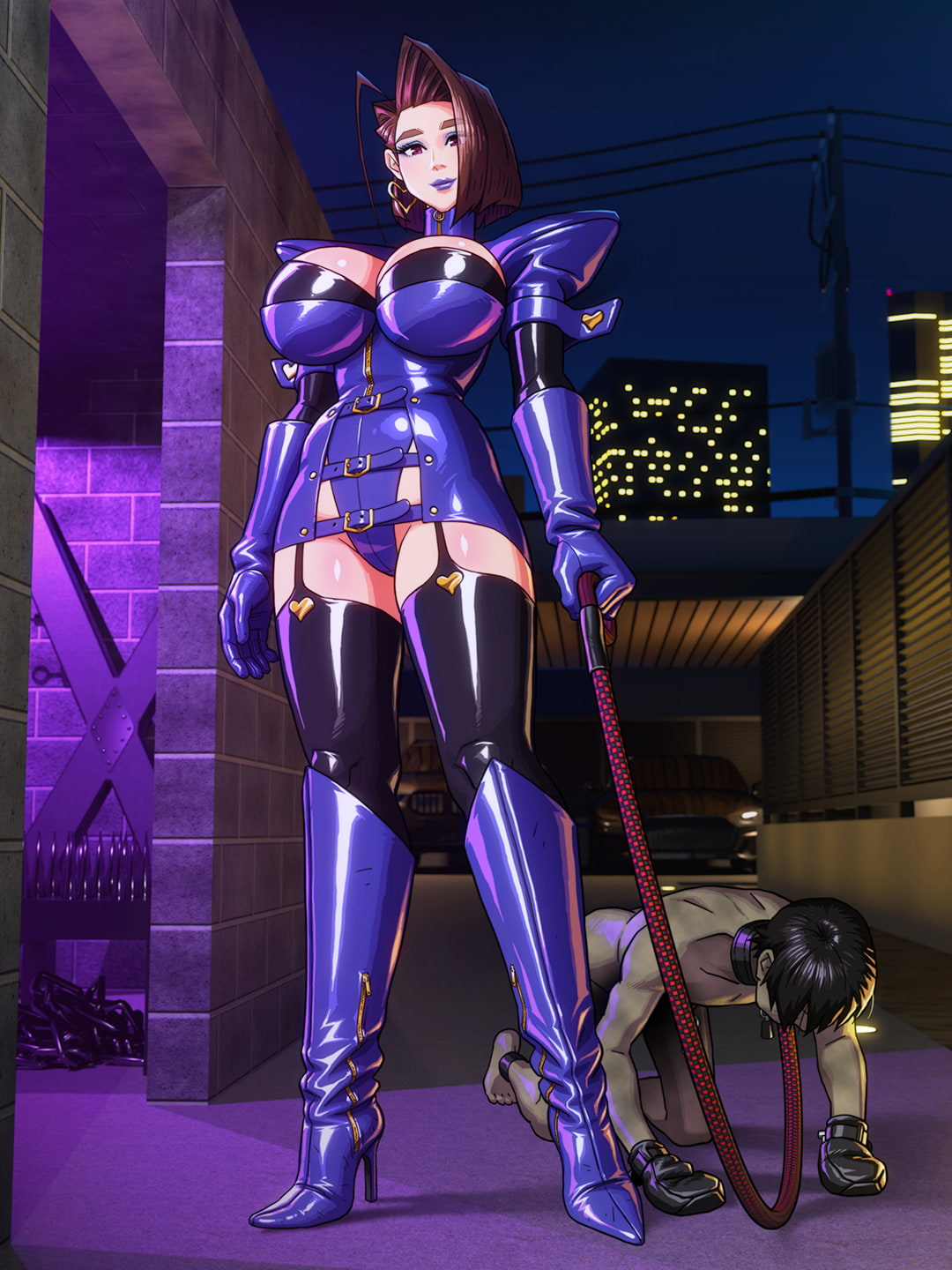 1boy, 1boy1girl, 1girls, adult, adult female, asian, asian female, asian girl, big breasts, blue boots, blue eyeshadow, blue gloves, bondage gloves, bondage mittens, boot fetish, boots, breasts, cfnm, clothed female nude male, clothes, dominant, dominant female, dominatrix, enkaboots, eyeshadow, female, female focus, female/male, femdom, garter belt, garter belt leggings, garter straps, gloves, knee boots, kneehigh boots, leash, leash and collar, leashed collar, leashed male, leather, leather boots, leather clothing, leather gloves, lipstick, long legs, makeup, male, male/female, malesub, milf, older female, original, original character, original characters, petplay, purple lipstick, shoulder pads, submissive male, tall boots