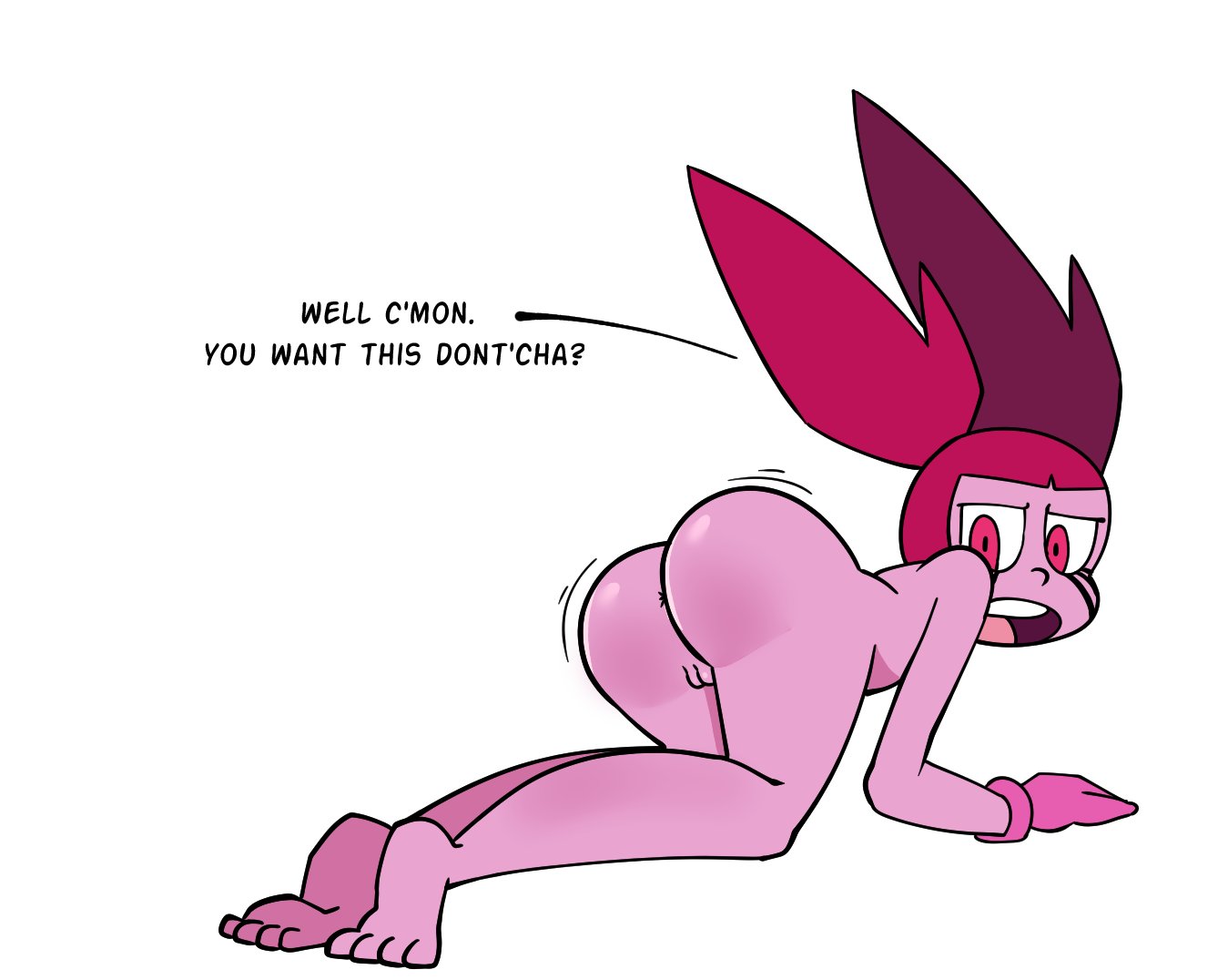 1girls, anus, ass, bare ass, big ass, cartoon network, female, gem, gem (species), gloves, looking at viewer, looking back, naked, nude, pink eyes, pink hair, pink skin, pussy, solo, spinel (steven universe), steven universe, sweetdandy, text, twintails