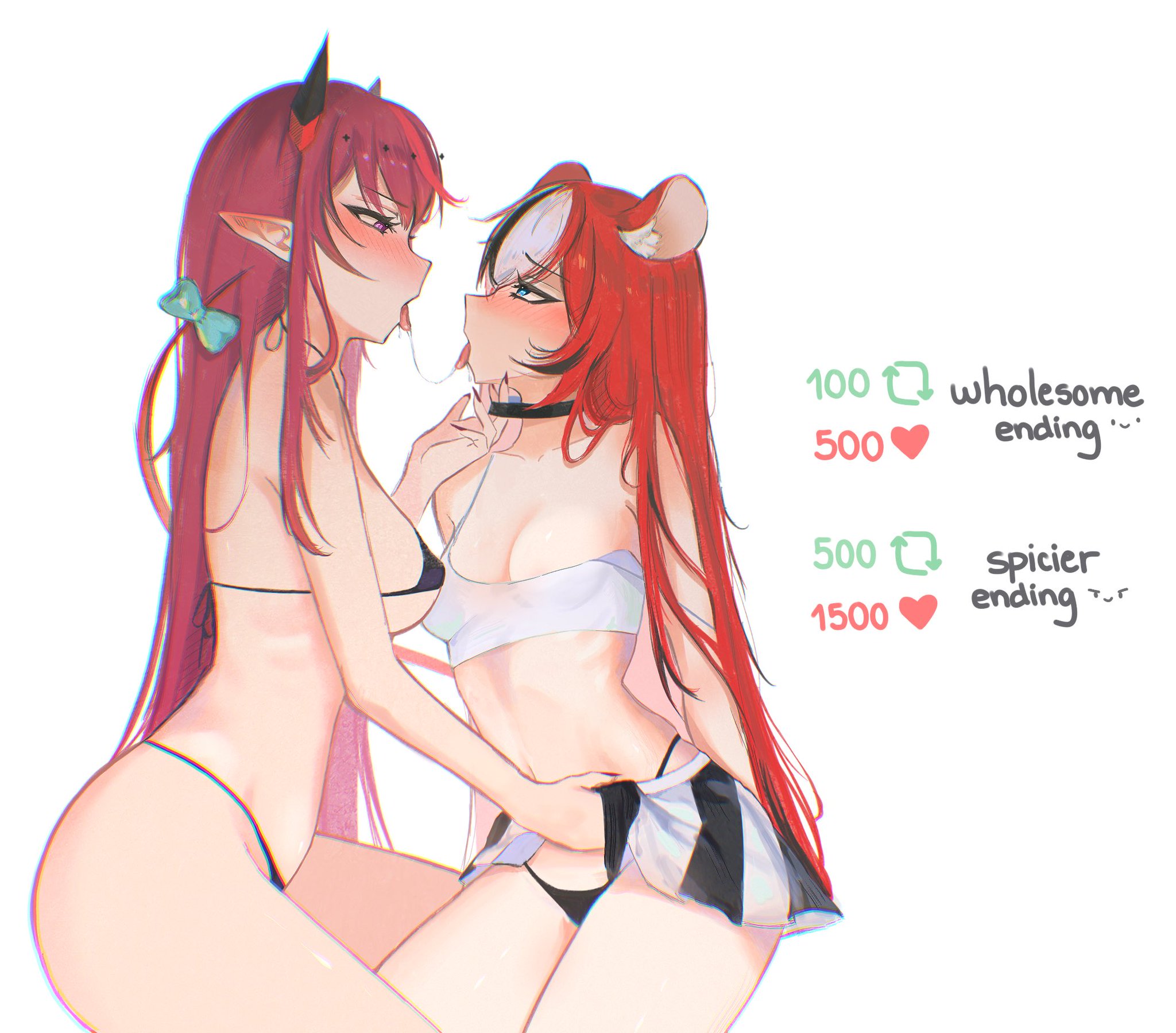 2girls, adult, adult female, after kiss, animal ear fluff, animal ears, bare arms, bare ass, bare back, bare belly, bare butt, bare chest, bare hands, bare hips, bare legs, bare midriff, bare navel, bare shoulders, bare skin, bare thighs, belly, belly button, big breasts, bikini, bikini bottom, bikini only, bikini top, black bikini, black bikini bottom, black bikini top, black fingernails, black halterneck, black horn, black horns, black micro bikini, black nail polish, black nails, black string bikini, black swimsuit, black swimwear, black thong bikini, blue eyes, blue hair ribbon, blue hair tie, blue ribbon, blue-eyed female, breasts, busty, busty female, collarbone, curvaceous, curvaceous body, curvaceous female, curvaceous figure, curvaceous hips, curvy, curvy body, curvy female, curvy figure, curvy hips, digital, digital art, digital drawing, digital drawing (artwork), digital media, digital media (artwork), dripping saliva, elbows, exposed arms, exposed ass, exposed back, exposed belly, exposed butt, exposed chest, exposed hips, exposed legs, exposed midriff, exposed navel, exposed shoulders, exposed skin, exposed thighs, female, female focus, female only, fingernails, fingers, groin, hair between eyes, hair ribbon, hair tie, hakos baelz, half-closed eyes, halterneck, high resolution, highres, hololive, hololive english, hololive english -council-, hololive english -promise-, horn, horns, hourglass figure, irys, irys (hololive), large boobs, large breasts, lean figure, lesbian focus, lesbian kiss, lesbian only, lesbian sex, long hair, looking down, looking down at another, looking down at partner, looking up, looking up at another, looking up at partner, mature, mature female, medium breasts, micro bikini, midriff, multiple females, multiple girls, mutual yuri, nail polish, nails, narrow waist, navel, nipple bulge, open mouth, parted lips, petite, petite body, petite breasts, petite female, petite tits, plump breasts, purple eyes, purple-eyed female, red hair, red-haired female, ribbon, s7nsles, saliva, saliva drip, saliva on tongue, saliva string, salivating, shoulders, sideboob, simple background, sitting, slender body, slender waist, slim waist, string bikini, swimsuit, swimwear, thick thighs, thighs, thong bikini, tongue, tongue out, upper body, virtual youtuber, vtuber, vtuberfanart, white background, wide hips, yuri