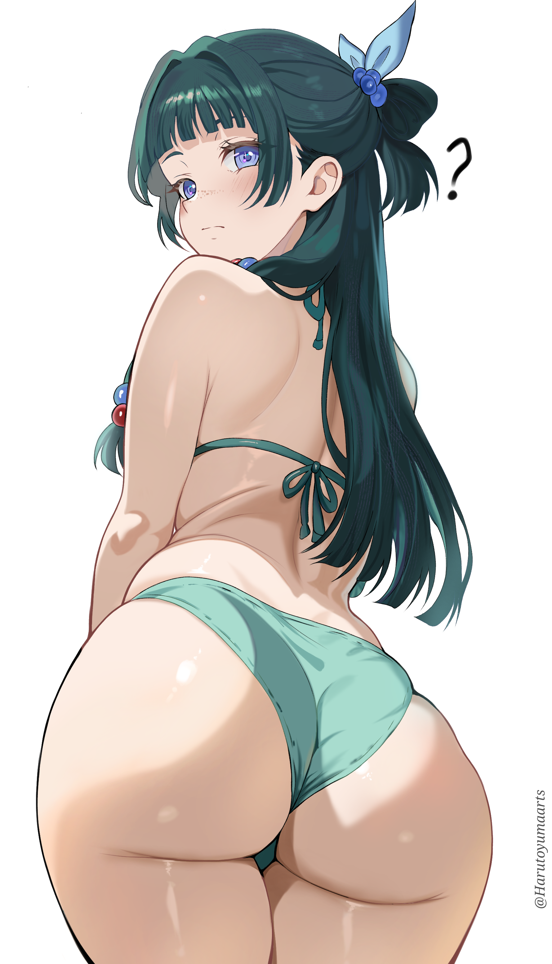 absurdres, alternate costume, ass, beads, bikini, blue eyes, blunt bangs, blunt ends, blush, female, female only, freckles, green bikini, green hair, hair beads, hair ornament, half updo, harutoyumaarts, highres, kusuriya no hitorigoto, long hair, looking back, maomao (kusuriya no hitorigoto), median furrow, simple background, skindentation, solo, swimsuit, twitter username, very long hair, white background