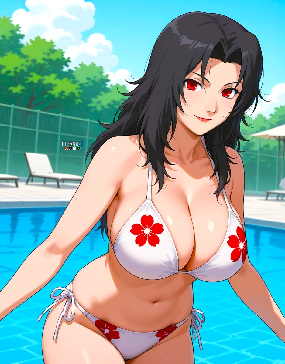 ai generated, anime, anime style, bangs, beautiful, black hair, breasts, busty female, chairs, clouds, collarbone, curvy female, day, eternoai, eyelashes, eyeshadow, fantasy, female, floral print bikini, flower, heavenly face, hot, kunoichi, kurenai yuhi, large breasts, looking at viewer, lovely, makeup, mother, naruto, naruto (series), naruto shippuden, navel, perfect boobs, poolside, posing, red eyes, red lipstick, retired, seductive pose, sexy body, shonen jump, smile, sultry gaze, thick thighs, trees, upper body, voluptuous