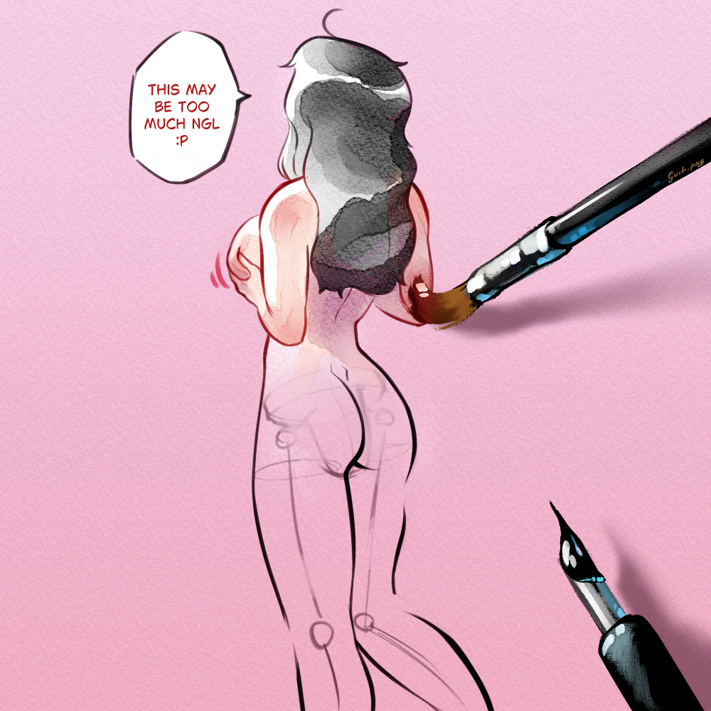 back_view big_ass big_breasts black_hair breast_grab brush english_text funny guih_png hidden_face naked_female nude_female talking_to_self thinking unfinished white_skin