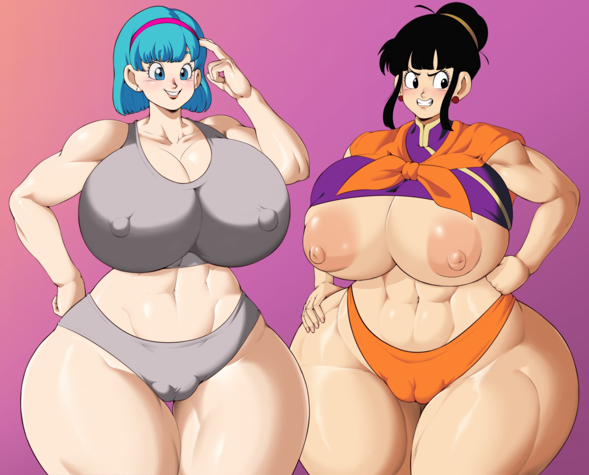 2025, 2d, 2girls, angry, big breasts, black eyes, black hair, blue eyes, blue hair, breasts, bulma, bulma briefs, bulma briefs (frieza saga), cameltoe, casual, casual exposure, casual nudity, chichi, chichi (beginning of z), child bearing hips, dragon ball, dragon ball z, earrings, embarrassed, female, female only, full color, hair ornament, huge breasts, hyper breasts, looking at viewer, looking away, milf, mommy, muscular, muscular female, nipple bulge, no penetration, partially clothed, the zeep, thick thighs, thunder thighs, underboob