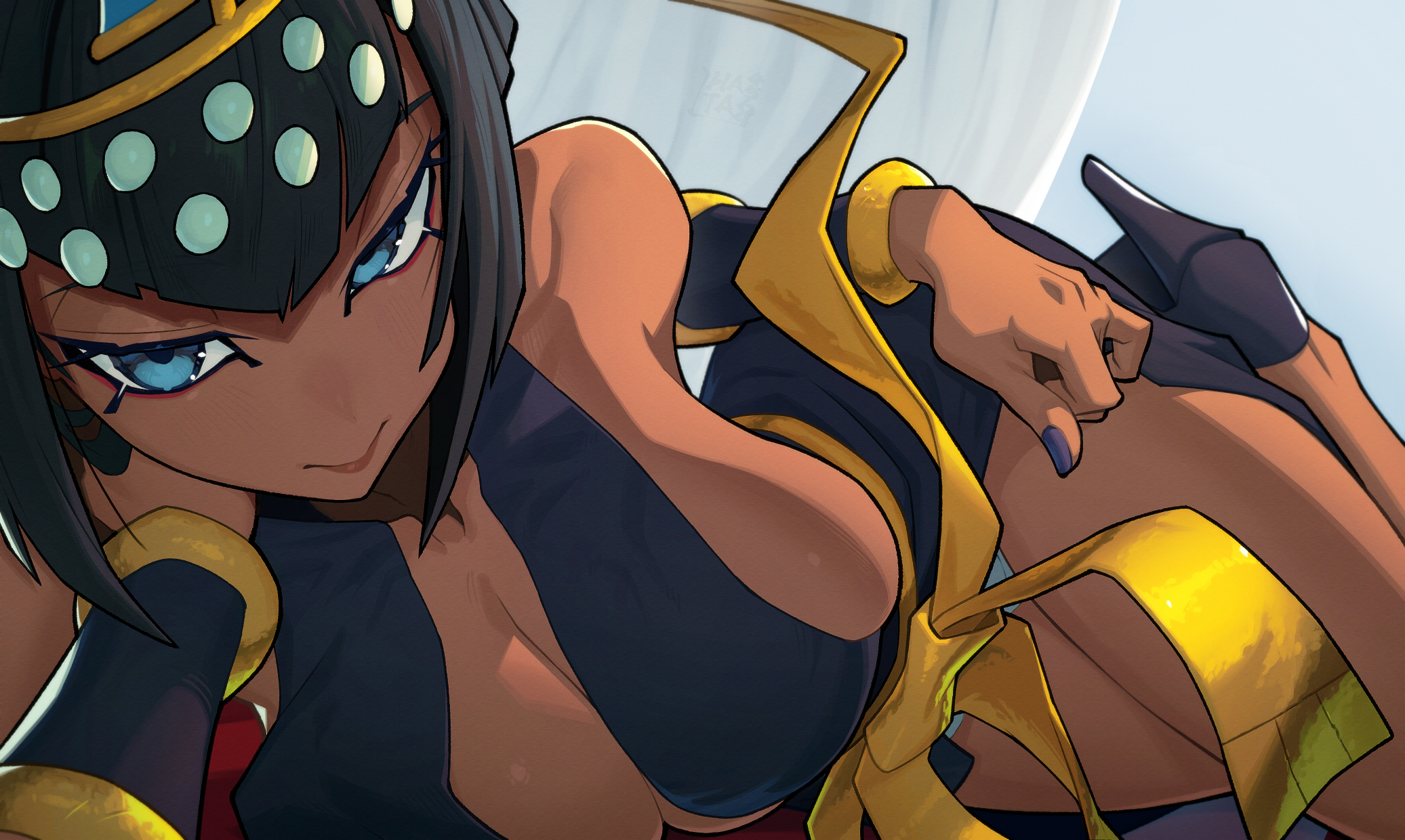 1girls, bare shoulders, black hair, blue eyes, bob cut, breasts, cleavage, close-up, commentary, dark skin, dark-skinned female, egyptian, eliza (skullgirls), female, female only, hair ornament, hata4564, highres, large breasts, lhata4564, looking at viewer, short hair, skullgirls, solo