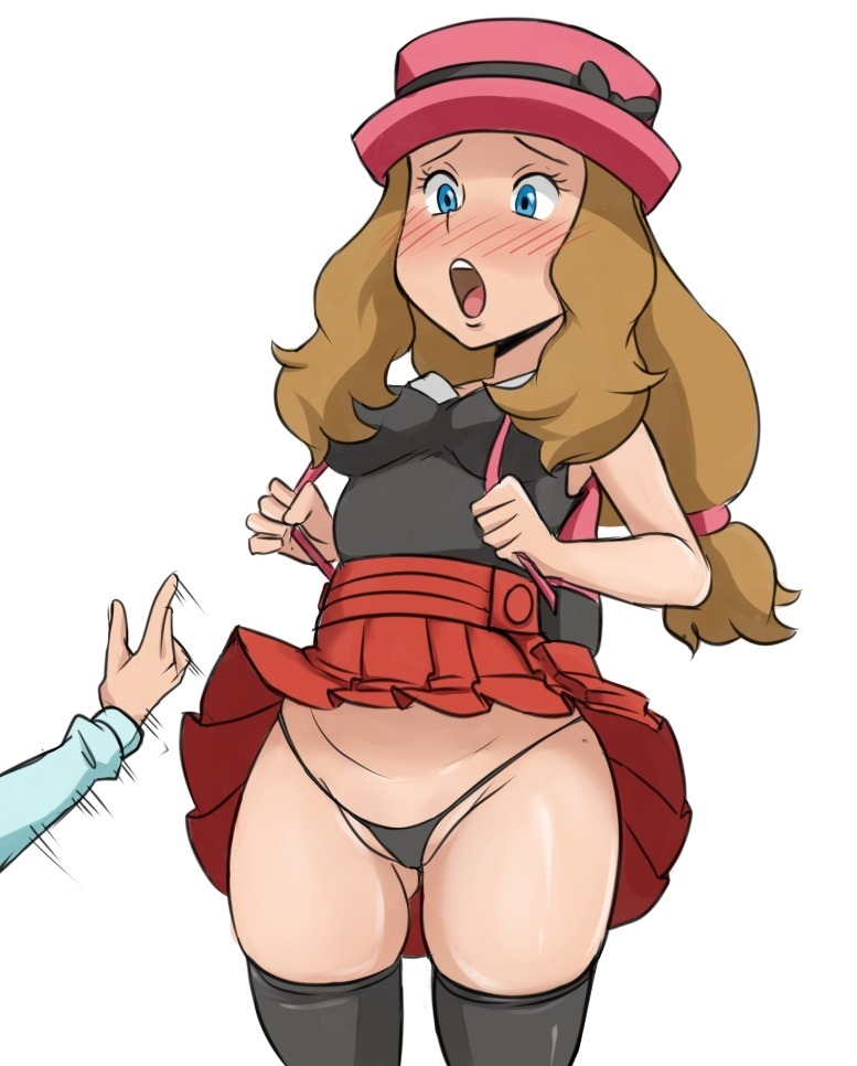 2girls, assisted exposure, black legwear, black thong, blush, breasts, bullying, exposed, exposed panties, female, female only, human, human only, lifted by another, miette (pokemon), nintendo, panties, pokemon, pokemon xy, reach025, serena (pokemon), skindentation, skirt, skirt lift, solo focus, teasing, thighhighs, thong, upskirt, yuri