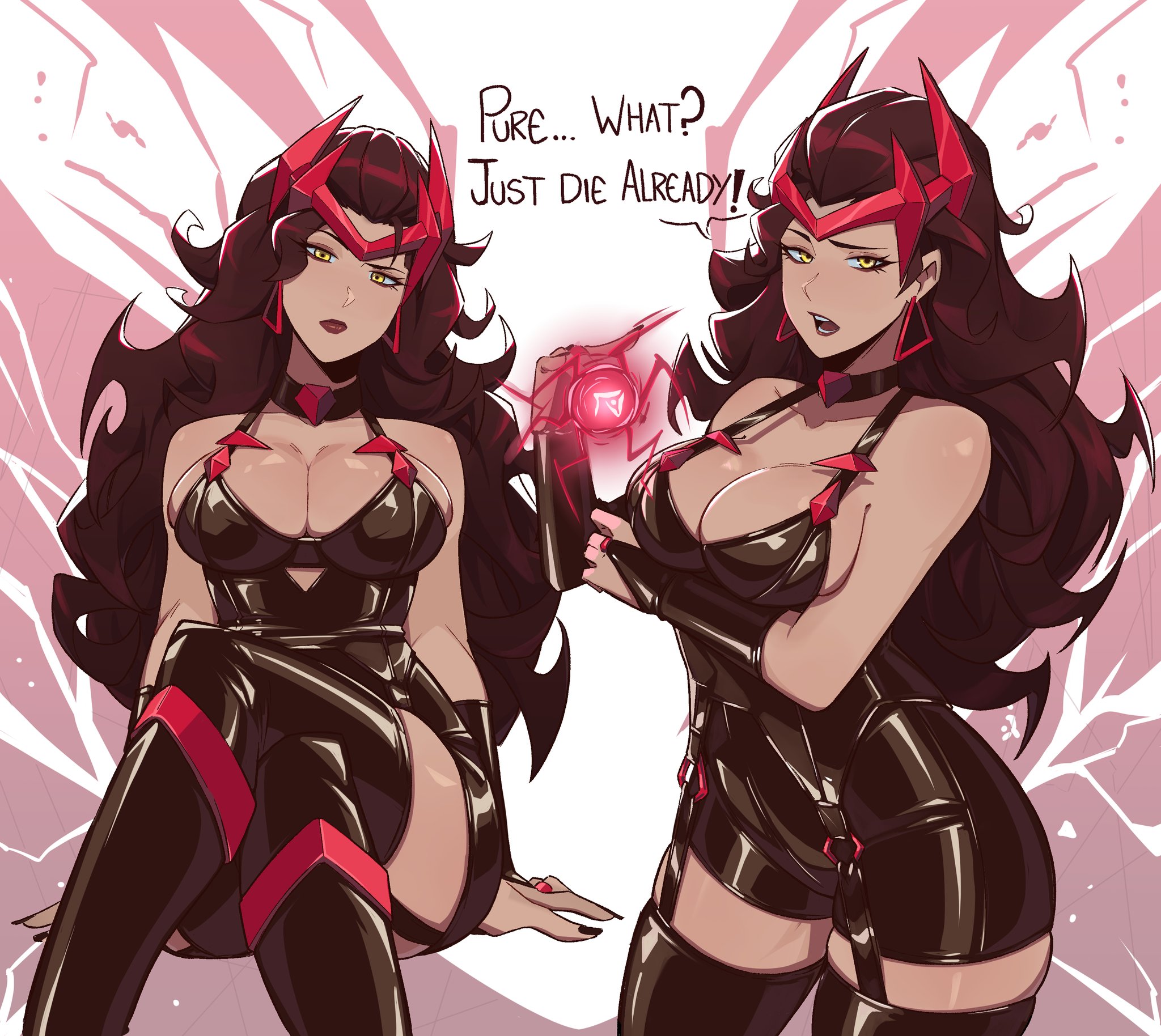 1girls, 2025, 2d, 2d (artwork), aneurysm.ax, axiyo, big breasts, choker, cleavage, crossed legs, dark red hair, dialogue, earrings, energy, energy ball, english text, female, female only, hi res, hourglass figure, legwear, long hair, looking at viewer, magic, marvel, marvel comics, marvel rivals, olive skin, olive-skinned female, powers, questionable, red hair, red lipstick, scarlet witch, scarlet witch (marvel rivals), sitting, solo, solo female, talking to viewer, text, thighhighs, wanda maximoff, yellow eyes