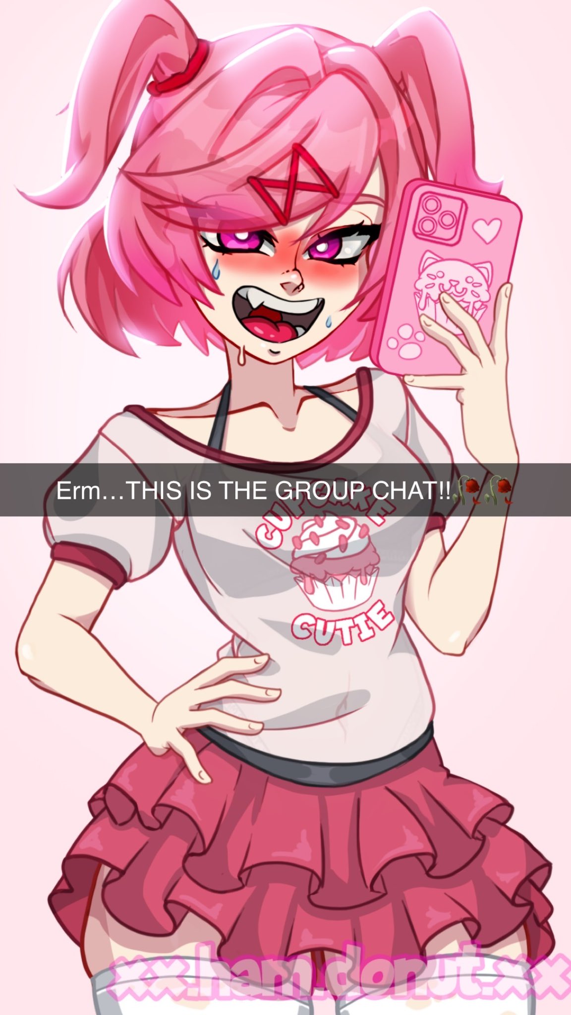 1girls, absolute territory, artist name, breasts, collarbone, doki doki literature club, english text, eyes visible through hair, fang, female, frilly, frilly clothing, frilly skirt, group chat, groupchat, mouth open, natsuki (doki doki literature club), navel visible through clothes, open mouth, phone, phone case, pink eyes, pink hair, pink skirt, selfie, skirt, snapchat, socks, solo, solo female, sticker, stickers, teeth, teeth showing, text, text on clothing, text on shirt, text on topwear, thighhighs, thighs, tongue, tongue out, xx.ham.donut.xx, zettai ryouiki