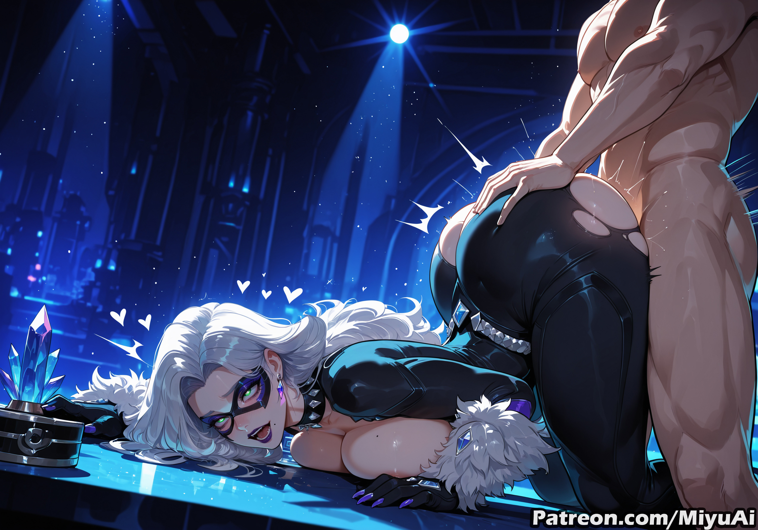 1boy, 1girl, ai assisted, ai generated, ass, black bodysuit, black cat (marvel rivals), black cat (marvel), blue eyes, blush, bodysuit, breasts, clothed female nude male, curvaceous, curvy, curvy female, curvy figure, felicia hardy, female, fucked from behind, fucked silly, fur trim, green eyes, heart, hetero, large breasts, long hair, lying, marvel, marvel comics, marvel rivals, mask, miyuai, naughty face, nude, on stomach, open mouth, sex, sex from behind, silver hair, smile, spider-man (series), thick, thick ass, thick butt, thick hips, thick legs, thick thighs, tongue, tongue out, top-down bottom-up, torn clothes, voluptuous, voluptuous female, white hair, wide hips, wide thighs