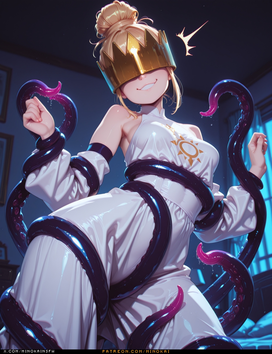 1girls, ai generated, blonde hair, breasts, enen no shouboutai, female, fully clothed, haumea (enen no shouboutai), medium breasts, minokai, self upload, tentacle, tentacles around arms, tentacles around legs, tentacles on female