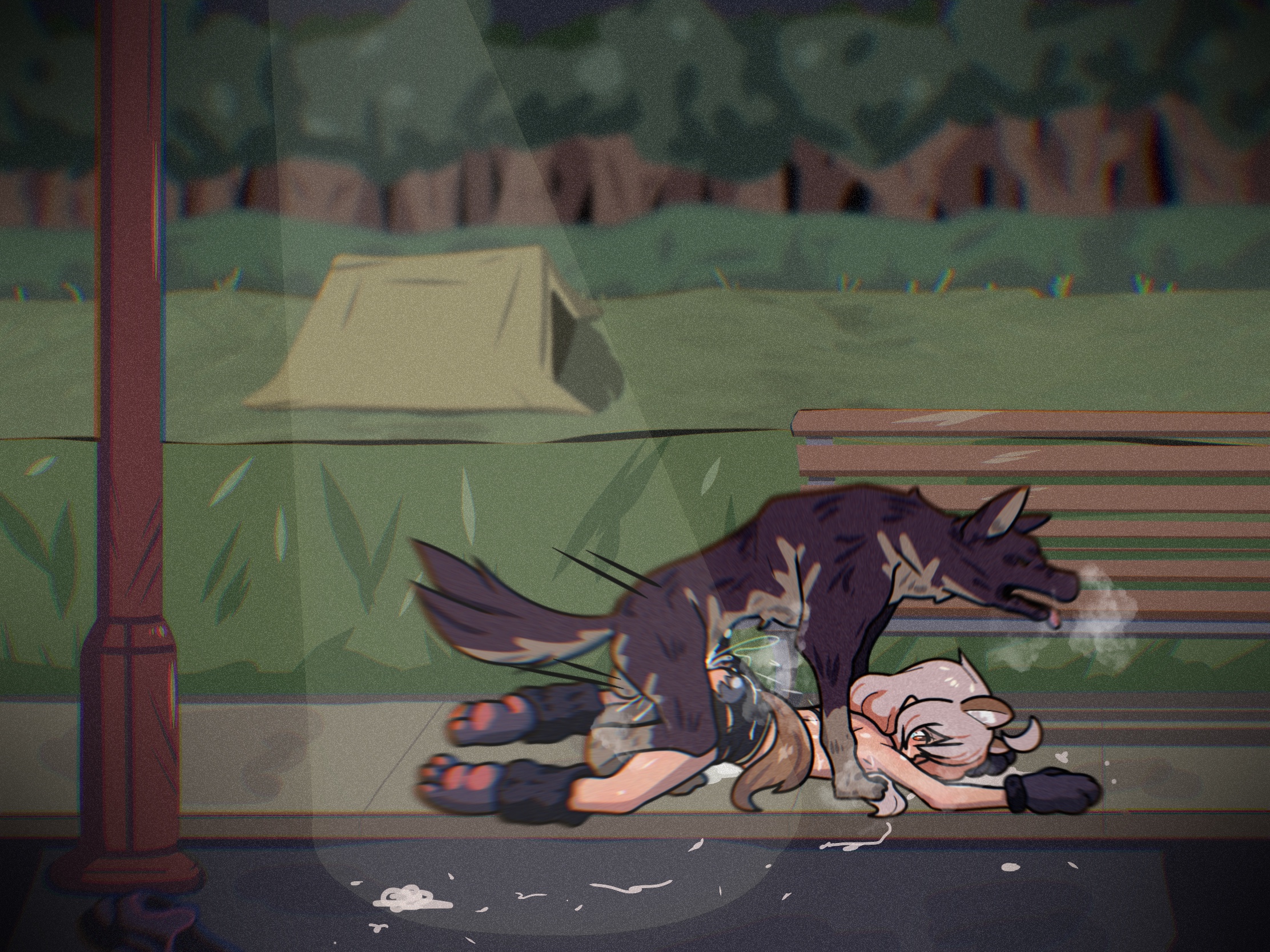 1boy, 1girls, animal ears, animal genitalia, animal penis, animal tail, balls, bar censor, canid, canine, canine genitalia, canine penis, canis, censor bar, censored, censored penis, clothed, clothed female, clothed sex, clothing, domestic dog, female, feral, kemonomimi, long hair, looking at viewer, lying, male, male/female, night, onii-chan wa oshimai!, oyama mahiro, penetration, penis, pointy ears, prone bone, pussy, rape, seiranaichi, sex, sex from behind, tail, tongue, tongue out, vaginal insertion, vaginal penetration, vaginal sex, zoophilia