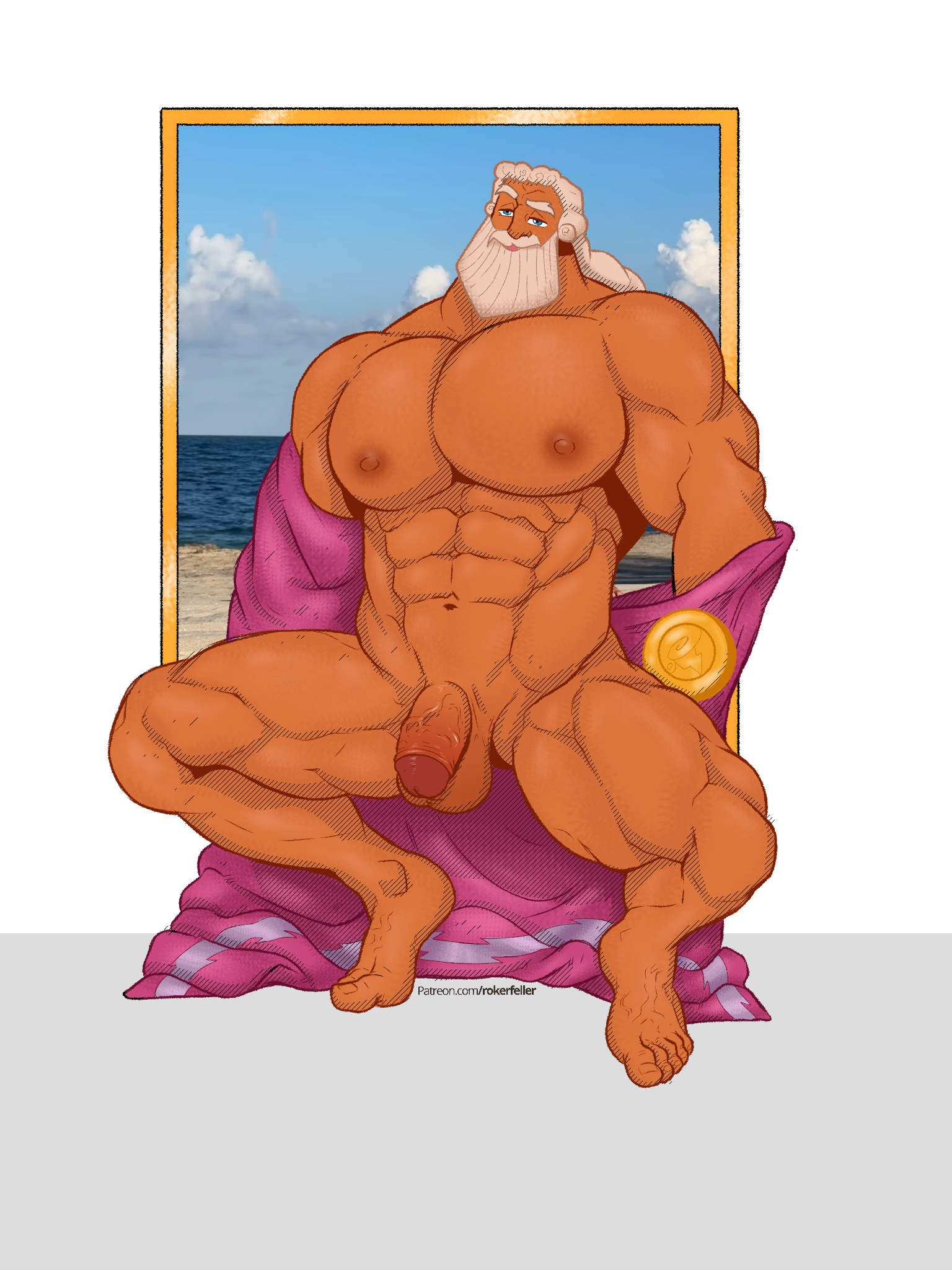 bara, beard, big pecs, blue eyes, daddy, dilf, disney, gay, hercules (1997 film), hercules (disney), looking at viewer, male, muscular, muscular male, roker feller, smiling, solo, solo focus, solo male, white hair, yaoi, zeus, zeus (hercules)