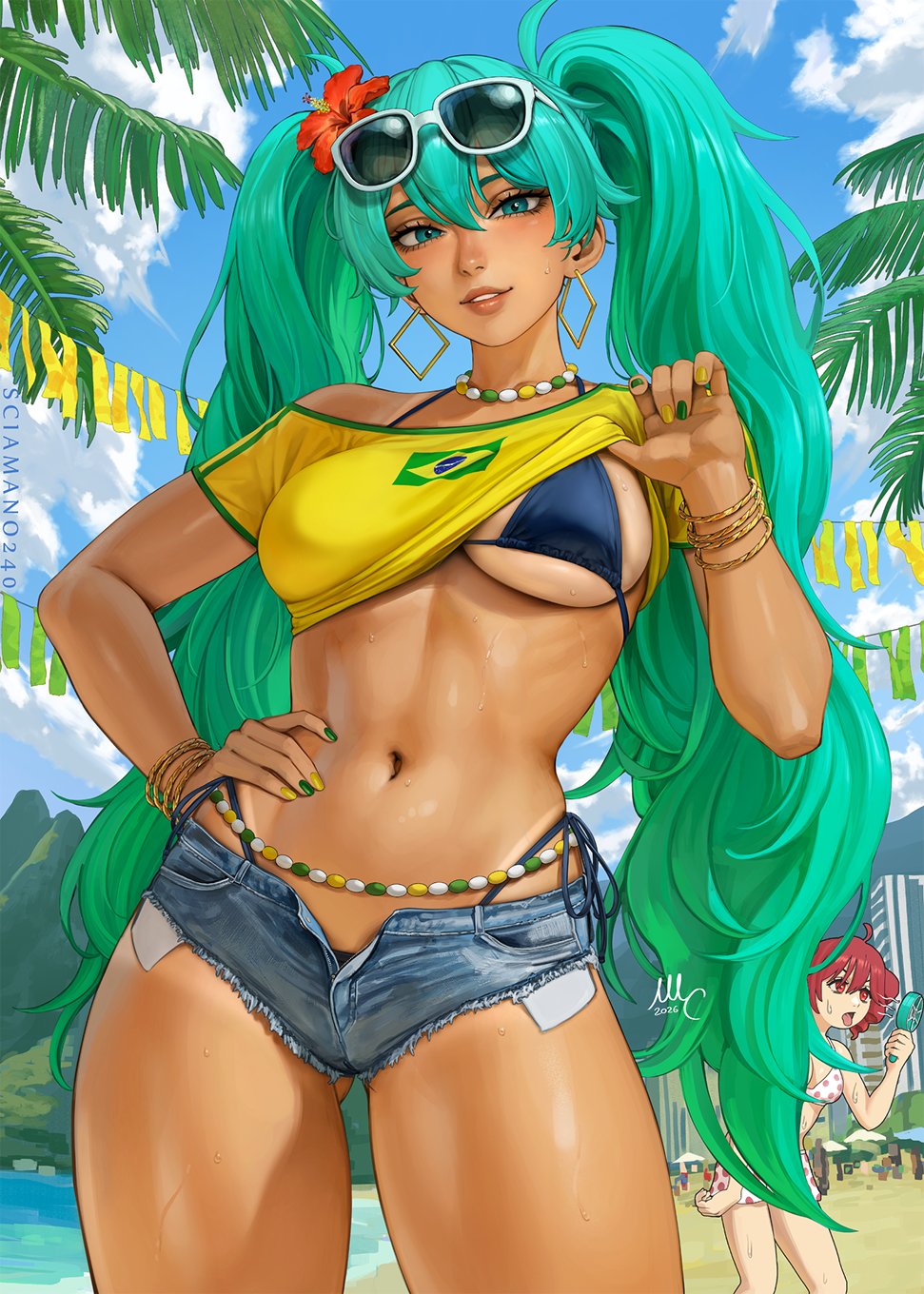 2girls, beach, brazilian miku, detailed background, hatsune miku, looking at viewer, mirco cabbia, sciamano240, teto, vocaloid