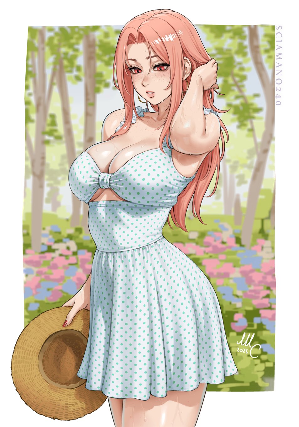 background, bare shoulders, big ass, big breasts, breasts, chloe (sciamano240), dotted dress, dress, earrings, female, long hair, mirco cabbia, oc, original, original character, pink eyes, pink hair, pink nails, sciamano240, signature, simple background, straw hat, sweat, wide hips