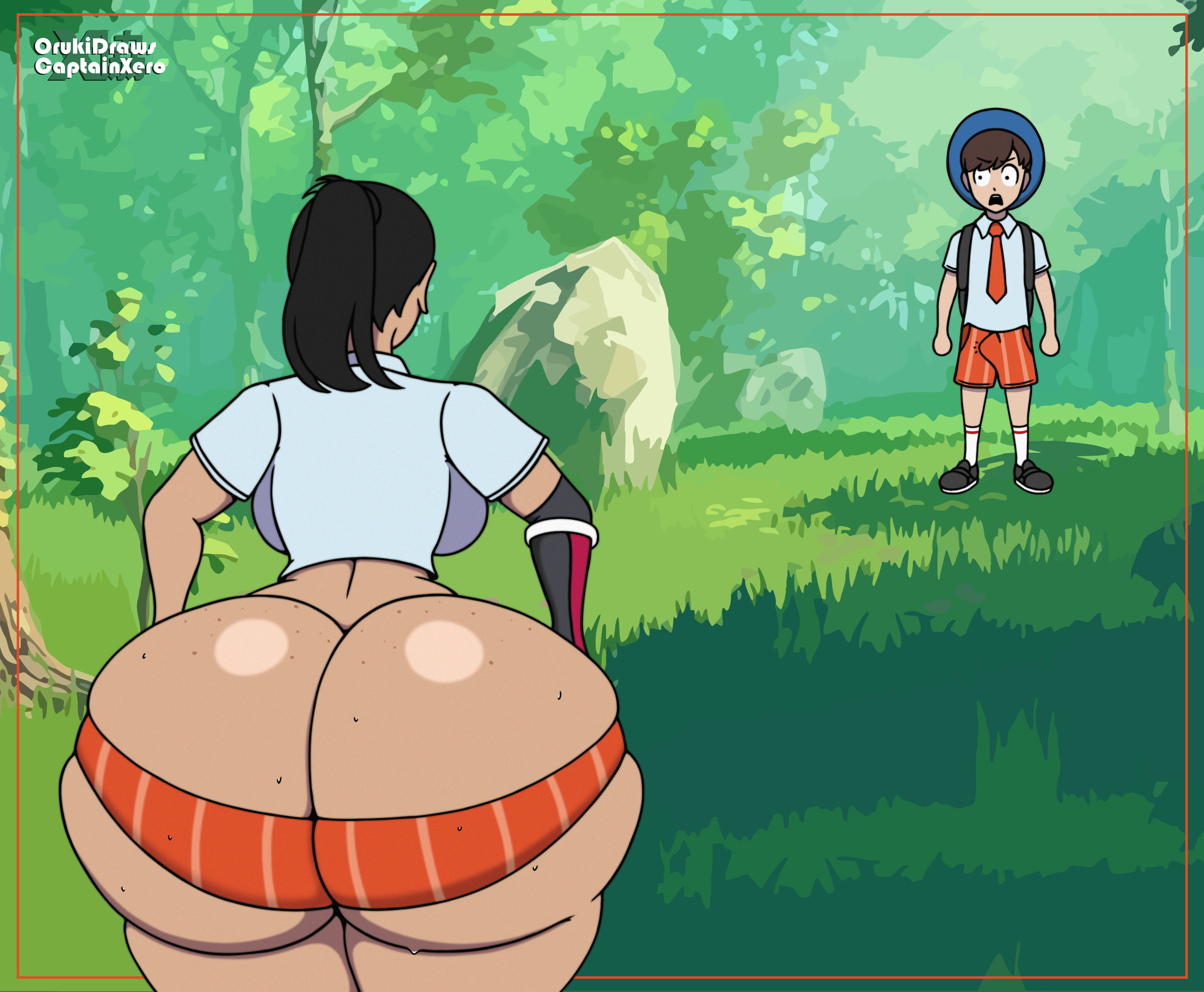 1boy, 1girls, ass, ass cleavage, back view, big ass, big butt, captainxero, clothed, dark-skinned female, female, florian (pokemon), forest, huge ass, light-skinned male, male, nemona (pokemon), orukidraws, outdoors, pokemon, pokemon sv, shorts, sweat, tight clothing