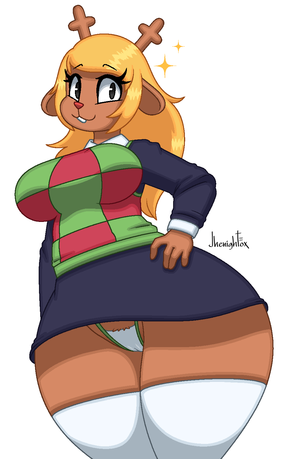 big breasts, breasts, deltarune, female, furry, huge breasts, jhenightfox, microskirt, noelle holiday, panties, skirt, solo, tagme, thick thighs, white panties, wide hips