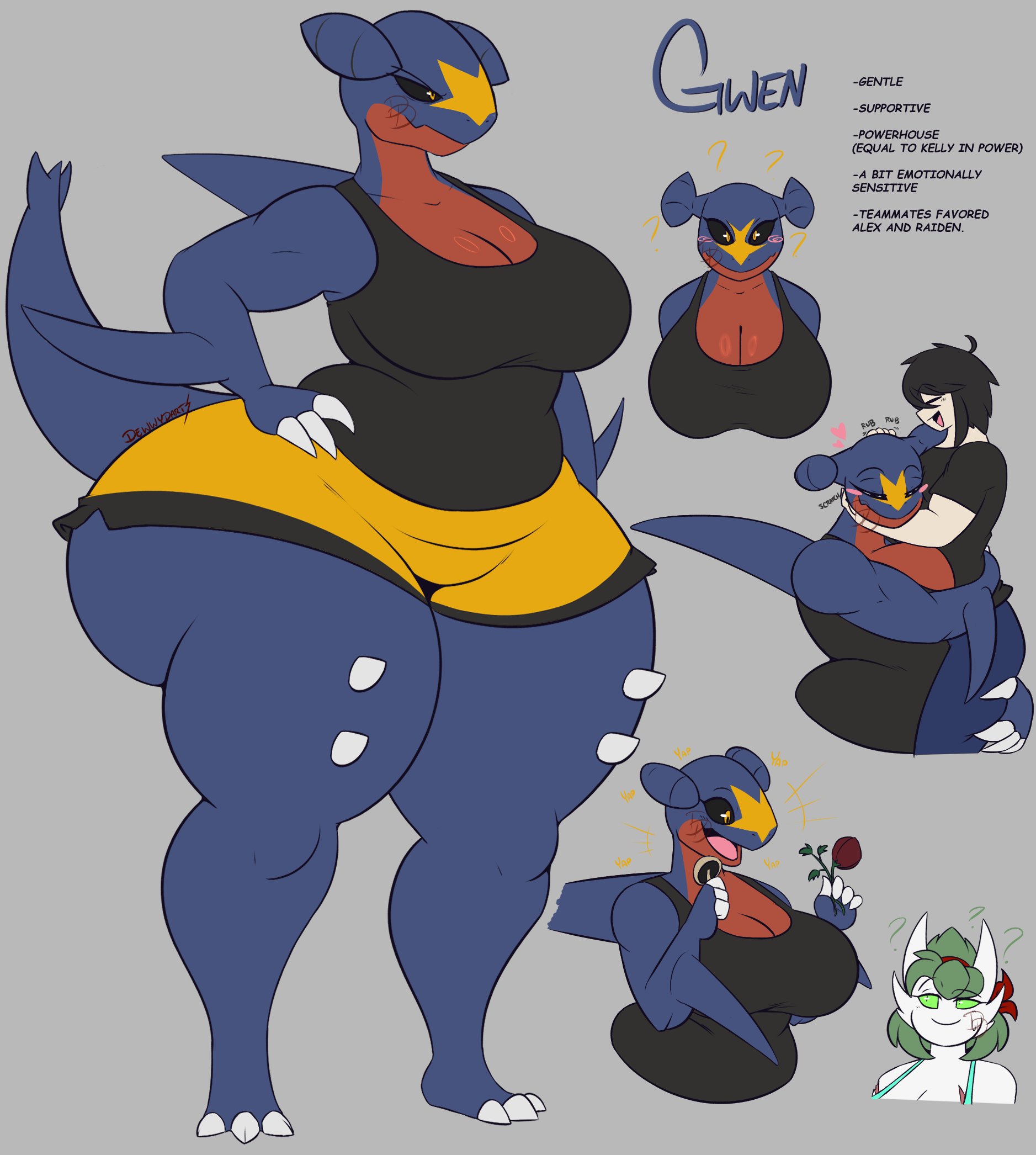 1boy, 2025, 2girls, alex (dewwydartz), anthro, ass, barefoot, big breasts, big butt, black clothing, black hair, black sclera, black shirt, black tank top, black topwear, blue body, bottomwear, breasts, character name, character profile, character sheet, chubby, chubby female, claws, cleavage, clothed, clothed anthro, clothed female, clothed human, clothed male, clothing, dewwydarts, dewwydartz, english text, feet, female, female garchomp, fox (dewwydarts), furry, garchomp, gardevoir, generation 3 pokemon, generation 4 pokemon, green hair, green sclera, group, gwen (dewwydarts), gwen (dewwydartz), hair, headpat, heart symbol, hi res, hug, huge breasts, huge butt, human, humanoid, male, mammal, markings, model sheet, multicolored body, nintendo, plump, pokemon, pokemon (species), pokemon dppt, red body, shirt, shorts, simple background, tagme, tail, tank top, text, thick, thick ass, thick thighs, topwear, trio, white body, wide hips, yellow bottomwear, yellow clothing, yellow markings, yellow shorts