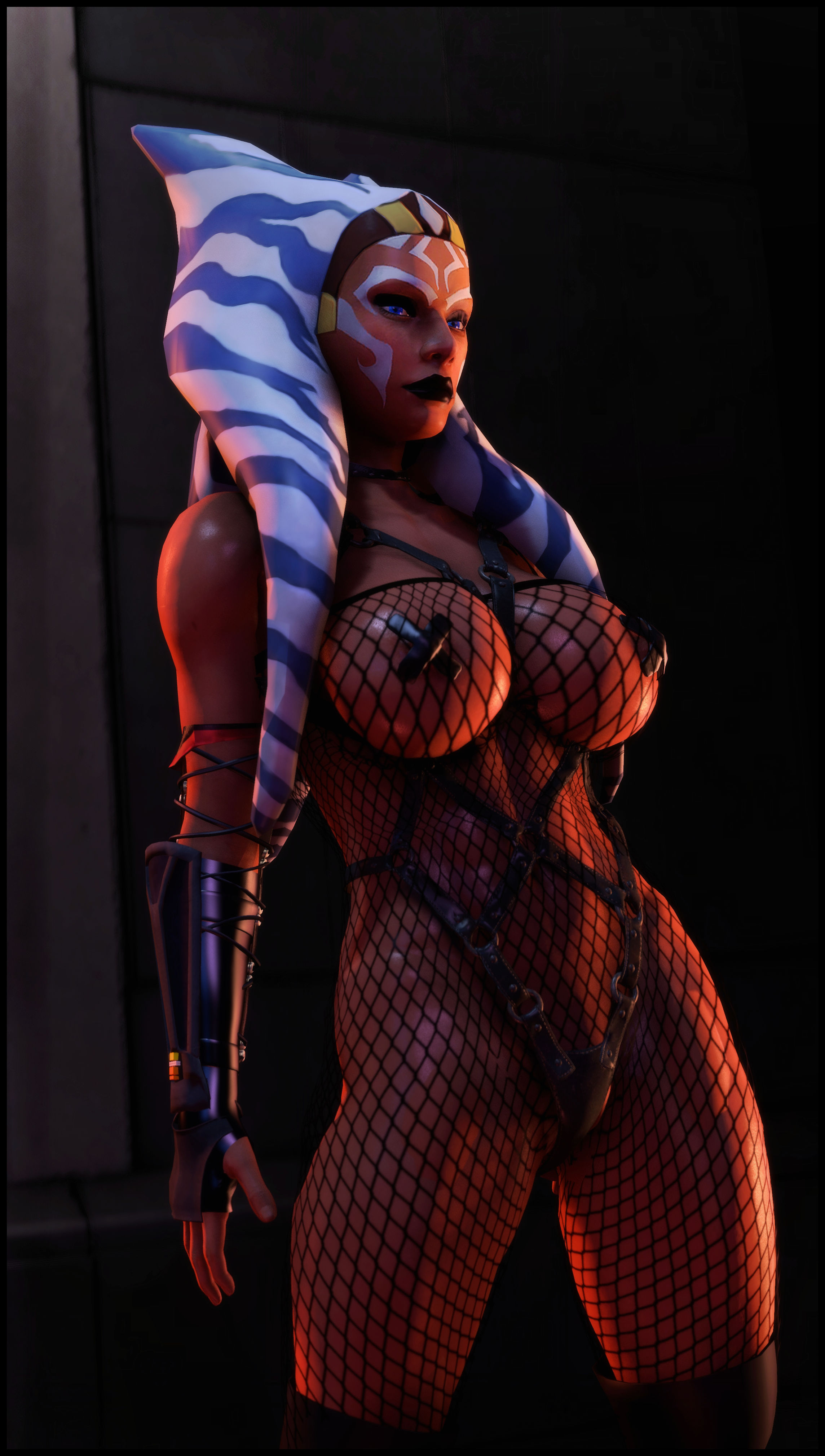 1girls, 3d, ahsoka tano, alien, big breasts, breasts, female, female only, fishnets, foab30, nipple tape, orange skin, skimpy, solo, star wars, taped nipples, togruta