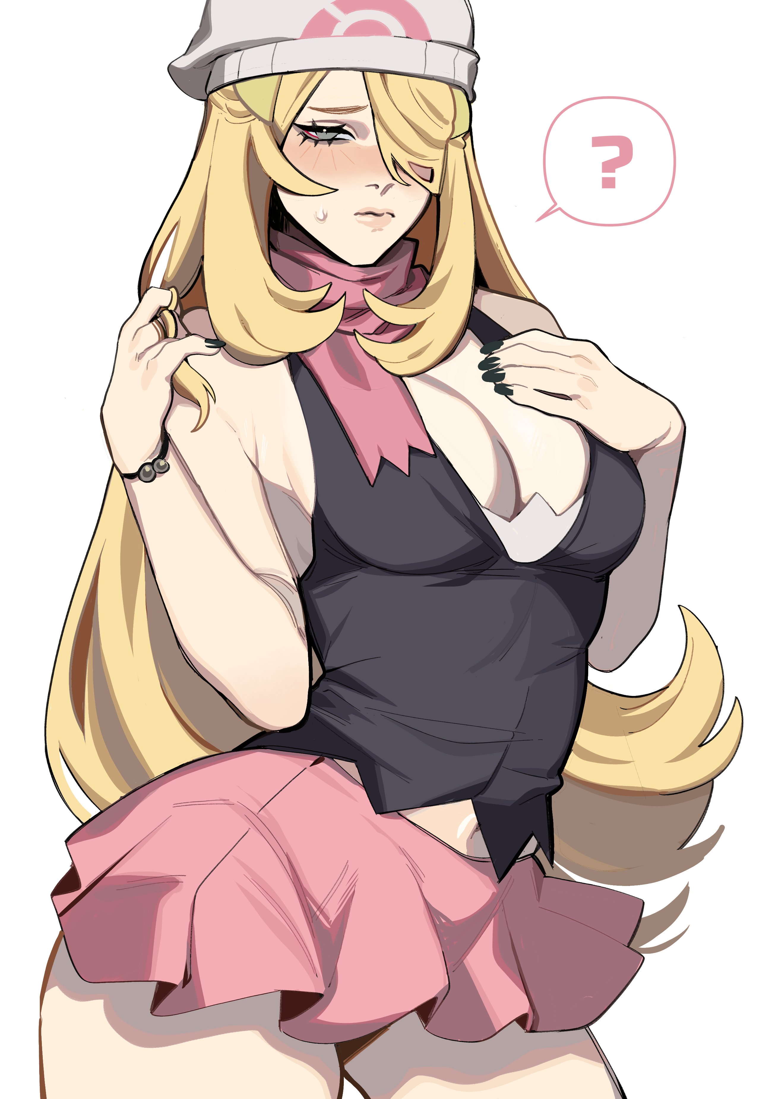 1girls, absurdres, alternate costume, beanie, blonde hair, blush, breasts, cleavage, cosplay, cynthia (pokemon), dawn (pokemon) (cosplay), female, female only, grey eyes, hair over one eye, hat, highres, long hair, looking at viewer, miniskirt, nintendo, pokemon, pokemon dppt, porqueloin, scarf, shirt, skirt, sleeveless, solo, thick thighs, thighs, tight clothes, very long hair, wavy hair, white hat