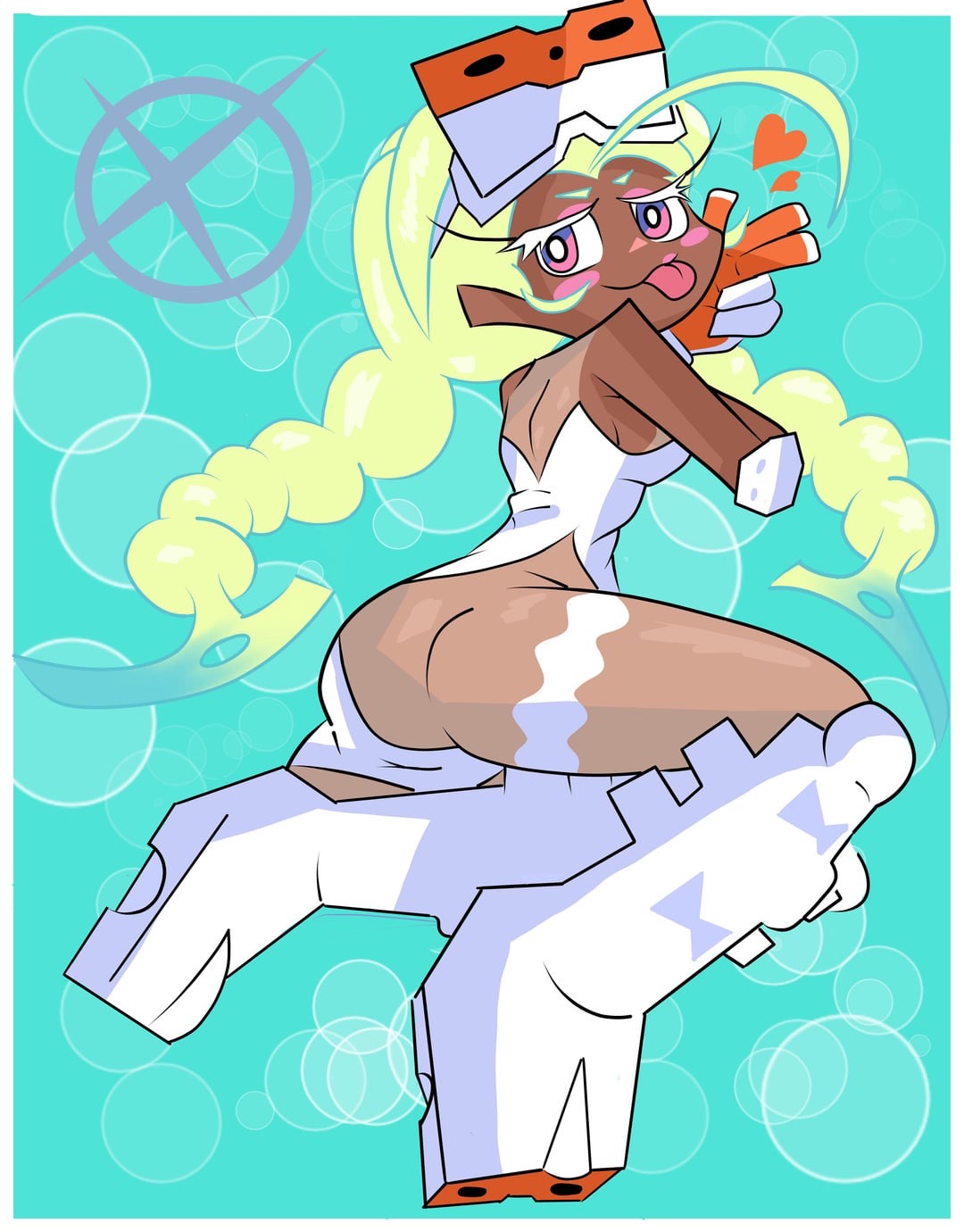 black female, black woman, dark skin, dark-skinned female, female, grinn the artist, gunsmith bitch (psg), looking at viewer, looking back at viewer, panty & stocking with garterbelt, tagme, tounge out