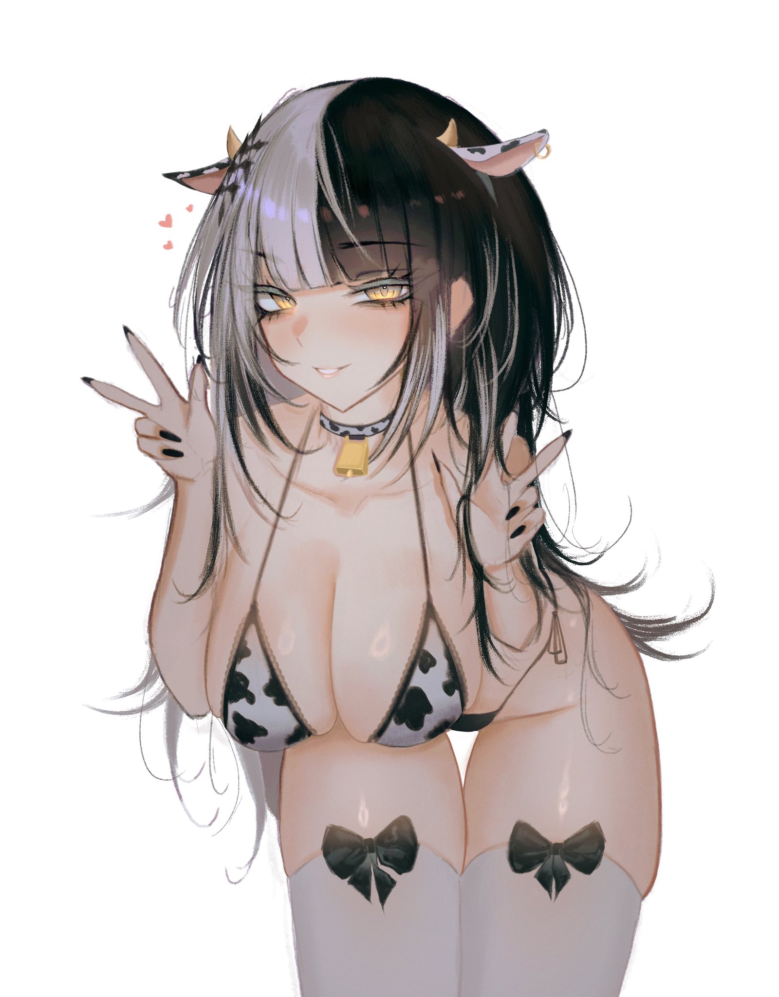 1girls, adult, adult female, big breasts, bikini, bikini bottom, bikini top, black fingernails, black hair, black nail polish, black nails, black-haired female, blunt bangs, breasts, busty, busty female, cleavage, cow print, digital, digital art, digital drawing, digital drawing (artwork), digital media, digital media (artwork), double peace sign, double v sign, elbows, eyebrows visible through hair, female, female focus, female only, fingernails, fingers, halterneck, hanging breasts, high resolution, highres, hololive, hololive english, hololive english -advent-, huge boobs, huge breasts, inguinal crease, inguinal ligament, large boobs, large breasts, lean figure, leaning forward, legwear, long hair, looking at viewer, mature, mature female, multicolored hair, nail polish, nails, narrow waist, peace sign, plump breasts, s7nsles, shiori novella, shoulders, side-tie bikini, sign, simple background, slender body, slender waist, slim waist, smile, smiley face, smiling, smiling at viewer, solo, standing, stockings, string bikini, swimsuit, swimwear, thick thighs, thigh gap, thigh highs, thighhighs, thighs, upper body, v, v sign, virtual youtuber, vtuber, vtuberfanart, white background, white hair, white legwear, white stockings, white thigh highs, white thighhighs, white-haired female, yellow eyes, yellow-eyed female