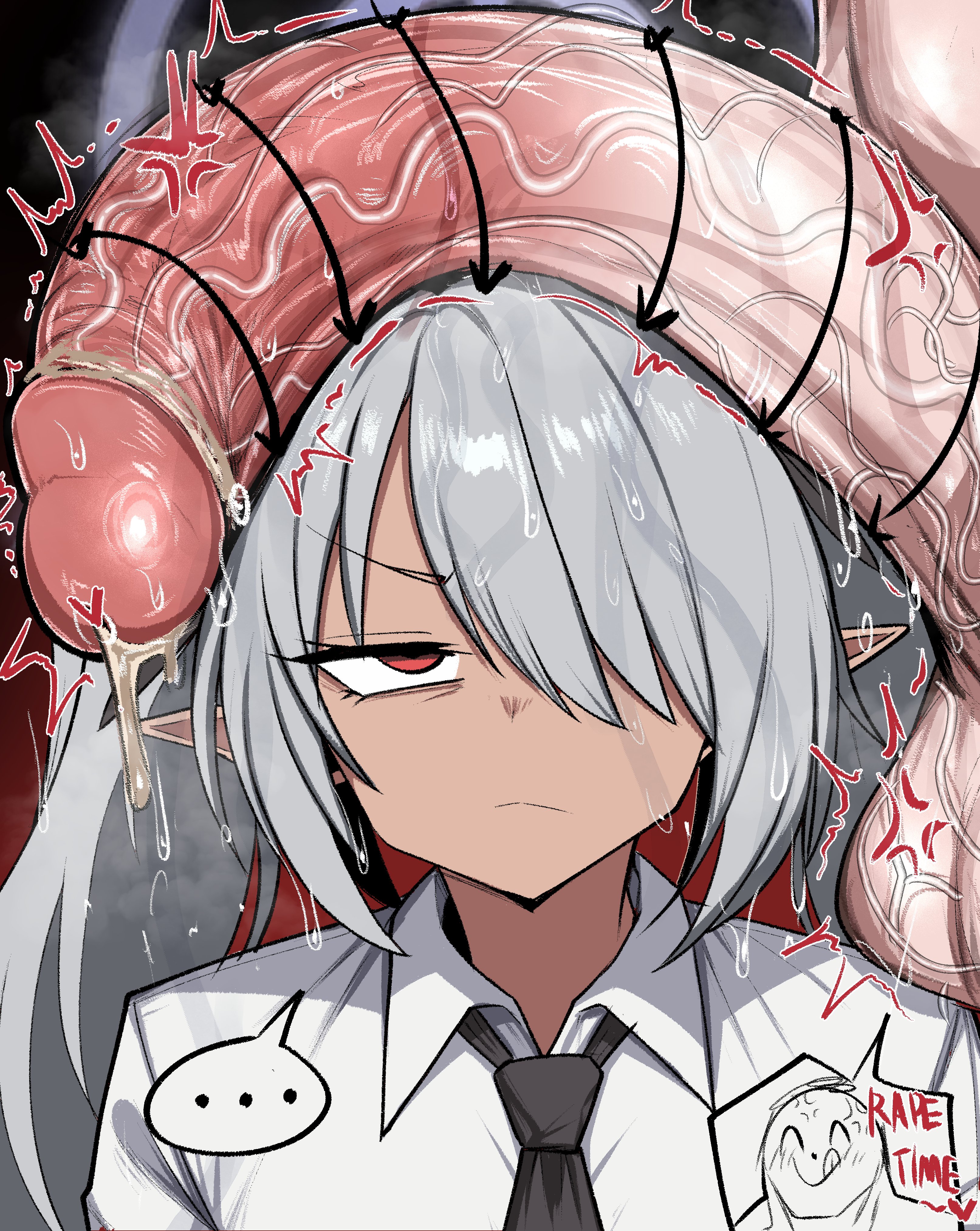 1boy, 1girls, about to pound the fuck outta em, annoyed, balls, big penis, blue archive, censored, female, geulimykun (skbyunea413), gigantic penis, huge cock, huge penis, imminent rape, imminent sex, iori (blue archive), looking at penis, loud balls, loud cum, male, male/female, penis, penis on head, text