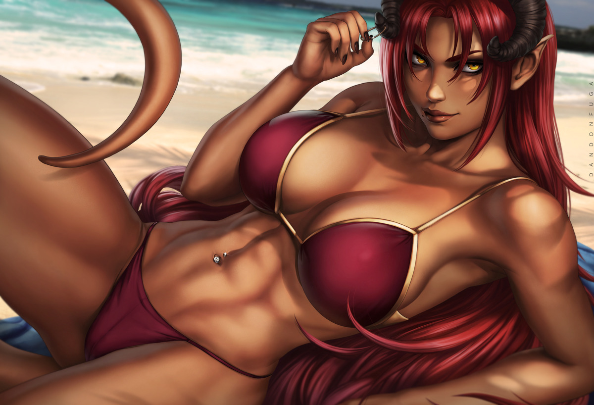 abs, audelia (dandon fuga), big breasts, bikini, breasts, cleavage, dandon fuga, demon, female, female only, horns, large breasts, looking at viewer, original, original character, pinup, solo, succubus, tail