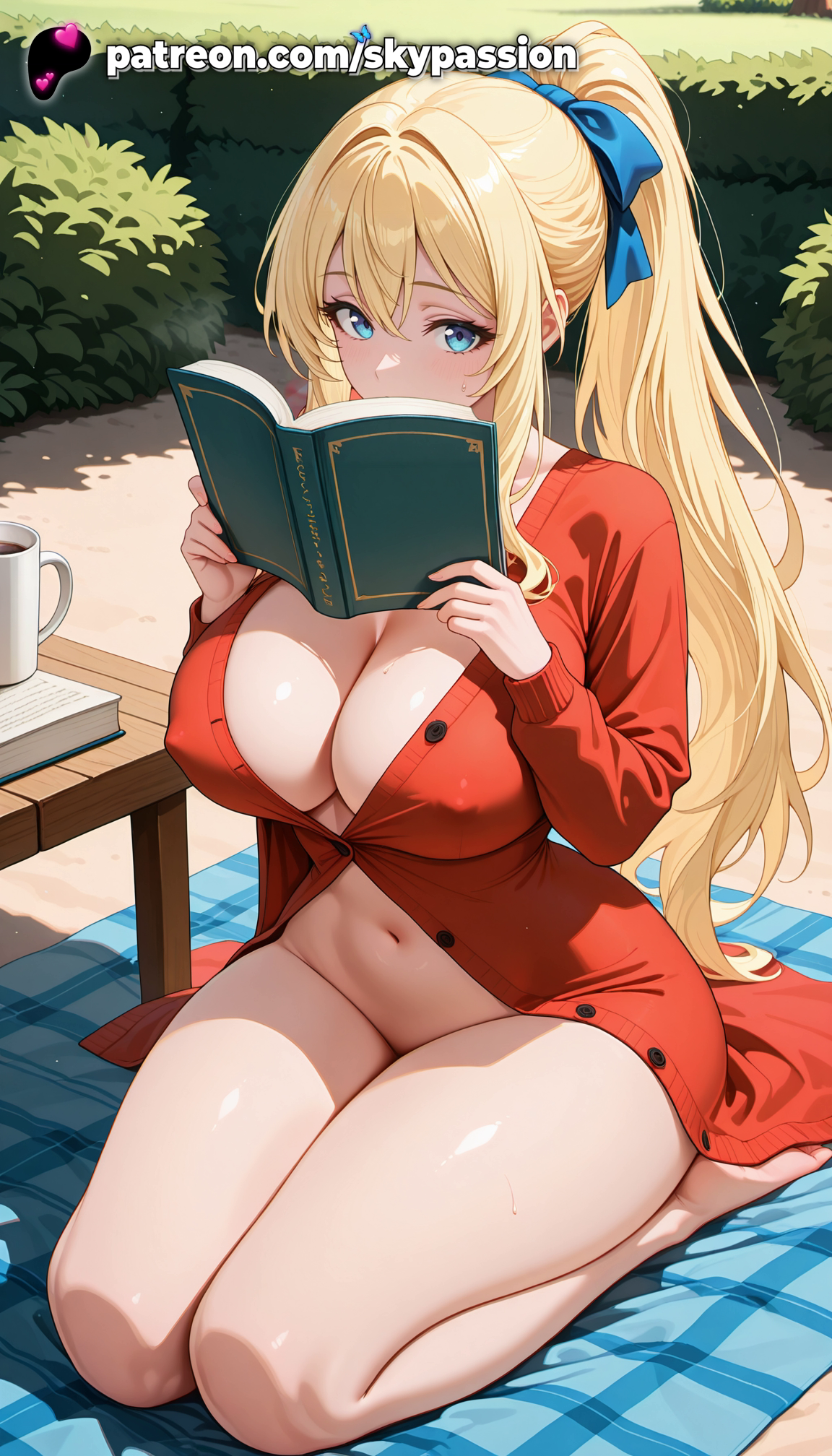1girls, 2025, ai assisted, ai generated, anime, artist name, big breasts, big chest, blanket, blonde hair, blue bow, blue eyes, book, bookmark, bow, breasts, bush, bust, busty, chest, christmas tree, cleavage, coffee mug, covered nipples, cup, day, explicit, female, goblin slayer, grass, hi res, high quality, high resolution, highres, holding, holding book, large breasts, long hair, looking at viewer, menu, mug, naked shirt, navel, no bra, open book, patreon, patreon username, plant, ponytail, priestess (goblin slayer), reading, sitting, skypassion, solo, stable diffusion, tablet pc, tree, watermark