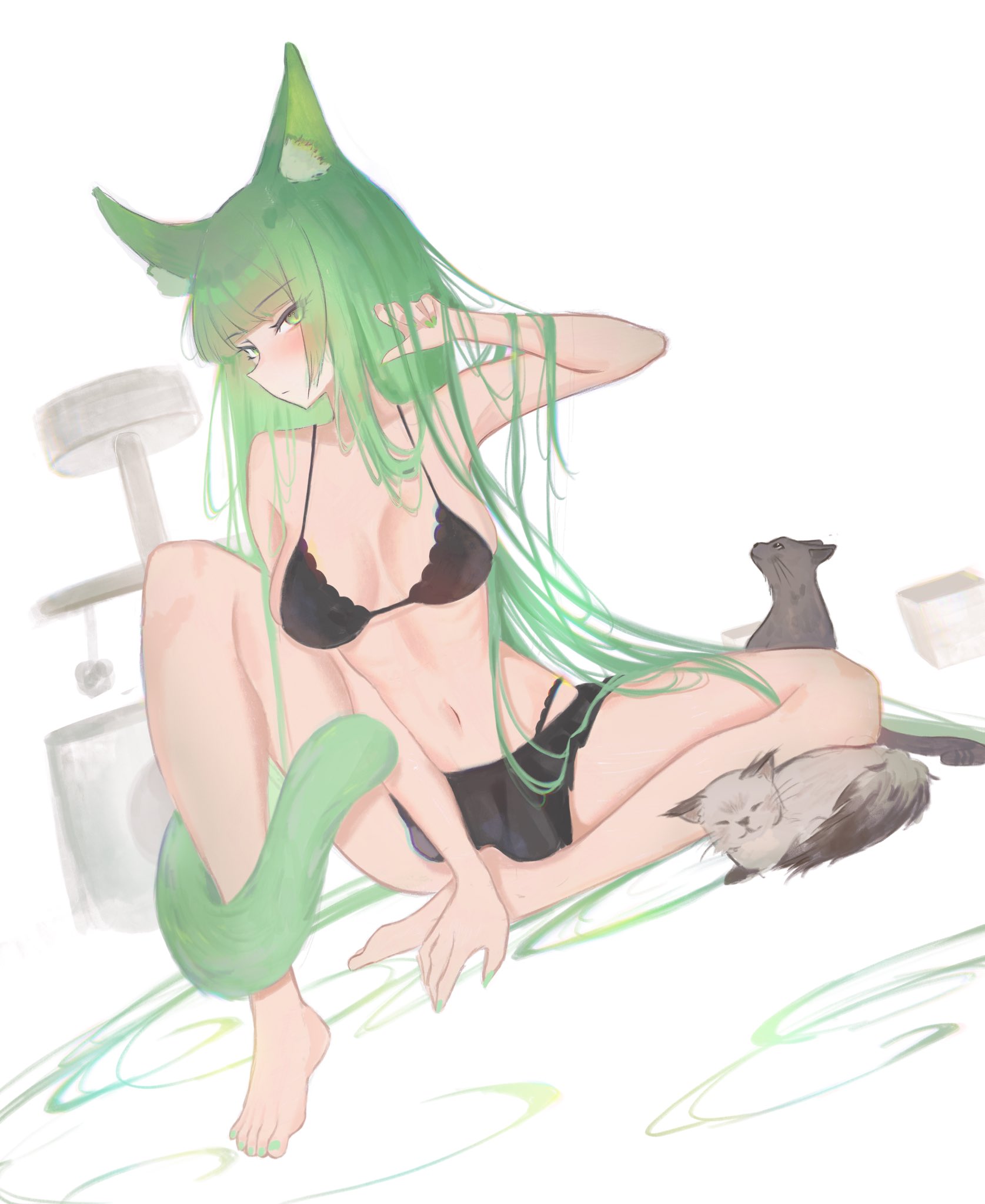 1girls, animal ear fluff, animal ears, animal tail, arknights, arm up, armpit, armpit crease, armpit peek, armpits, bare armpits, bare belly, bare calves, bare chest, bare hands, bare hips, bare knees, bare legs, bare midriff, bare navel, bare shoulders, bare soles, bare thighs, barefoot, belly, belly button, bikini, bikini bottom, bikini only, bikini top, black bikini, black bikini bottom, black bikini top, black string bikini, black swimsuit, black swimwear, breasts, calves, cat ears, cat girl, cat tail, catgirl, cats, collarbone, digital, digital art, digital drawing, digital drawing (artwork), digital media, digital media (artwork), elbows, exposed armpits, exposed arms, exposed belly, exposed chest, exposed hips, exposed legs, exposed midriff, exposed navel, exposed shoulders, exposed skin, exposed thighs, exposed toes, eyebrows visible through hair, feet, feline, female, female focus, female only, fingernails, fingers, full body, green eyes, green fingernails, green hair, green nail polish, green nails, green toenail polish, green toenails, green-eyed female, green-haired female, hairless armpits, half naked, half nude, halterneck, hand up, harmonie (arknights), head tilt, high resolution, highres, knees, lean figure, legs, legs apart, legs spread, long hair, looking at viewer, medium breasts, midriff, nail polish, nails, naked, naked female, naked woman, narrow waist, navel, necklace, nude, nude female, nudity, s7nsles, semi nude, shaved armpits, shoulders, simple background, sitting, sitting on ass, sitting on floor, sitting on ground, slender body, slender waist, slim waist, solo, spread legs, spreading legs, spreading thighs, string bikini, swimsuit, swimwear, thighs, tilted head, toenail polish, toenails, toes, very long hair, very long-haired female, white background
