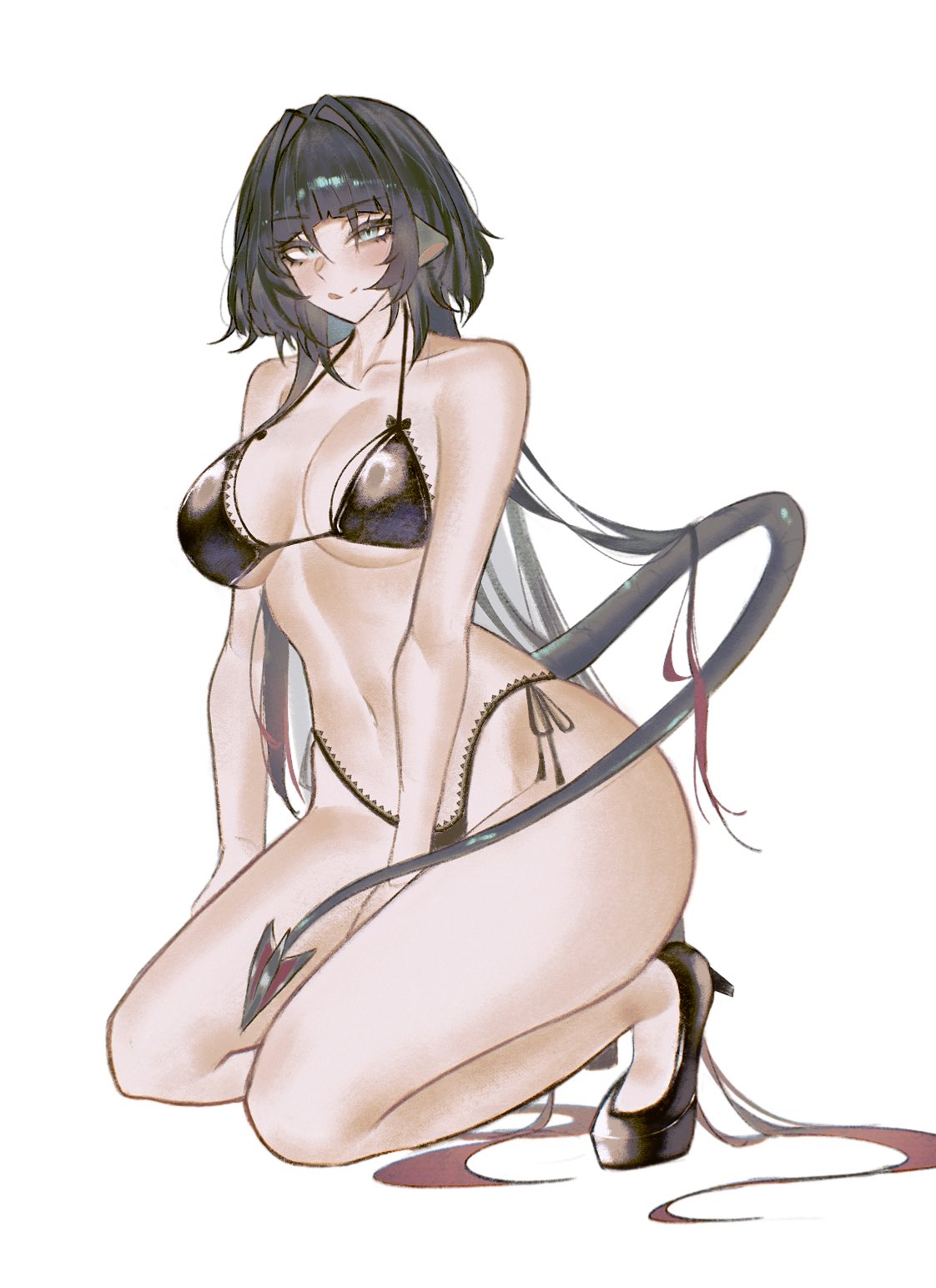 1girls, adult, adult female, bare arms, bare belly, bare calves, bare chest, bare hands, bare hips, bare knees, bare legs, bare midriff, bare navel, bare shoulders, bare skin, bare thighs, belly, belly button, big breasts, bikini, bikini bottom, bikini only, bikini top, black bikini, black bikini bottom, black bikini top, black footwear, black hair, black high heels, black shoes, black string bikini, black swimsuit, black swimwear, black-haired female, blank expression, blank eyes, blank stare, blue eyes, blue-eyed female, blunt bangs, breasts, busty, busty female, calves, collarbone, curvaceous, curvaceous body, curvaceous female, curvaceous figure, curvaceous hips, curvy, curvy body, curvy female, curvy figure, curvy hips, digital, digital art, digital drawing, digital drawing (artwork), digital media, digital media (artwork), emotionless, exposed arms, exposed belly, exposed chest, exposed hips, exposed legs, exposed midriff, exposed navel, exposed shoulders, exposed skin, exposed thighs, eyebrows visible through hair, feet, female, female focus, female only, footwear, full body, half naked, half nude, halterneck, hand between legs, hand between thighs, high heels, high resolution, highres, hourglass figure, jane doe (zenless zone zero), kneeling, kneeling on ground, knees, large boobs, large breasts, lean figure, legs, long hair, looking at viewer, mature, mature female, midriff, naked, naked female, naked woman, narrow waist, navel, neutral expression, nude, nude female, nudity, plump breasts, s7nsles, semi nude, shoes, shoulders, side-tie bikini, simple background, sitting, slender body, slender waist, slim waist, solo, string bikini, swimsuit, swimwear, thick thighs, thighs, white background, wide hips, zenless zone zero