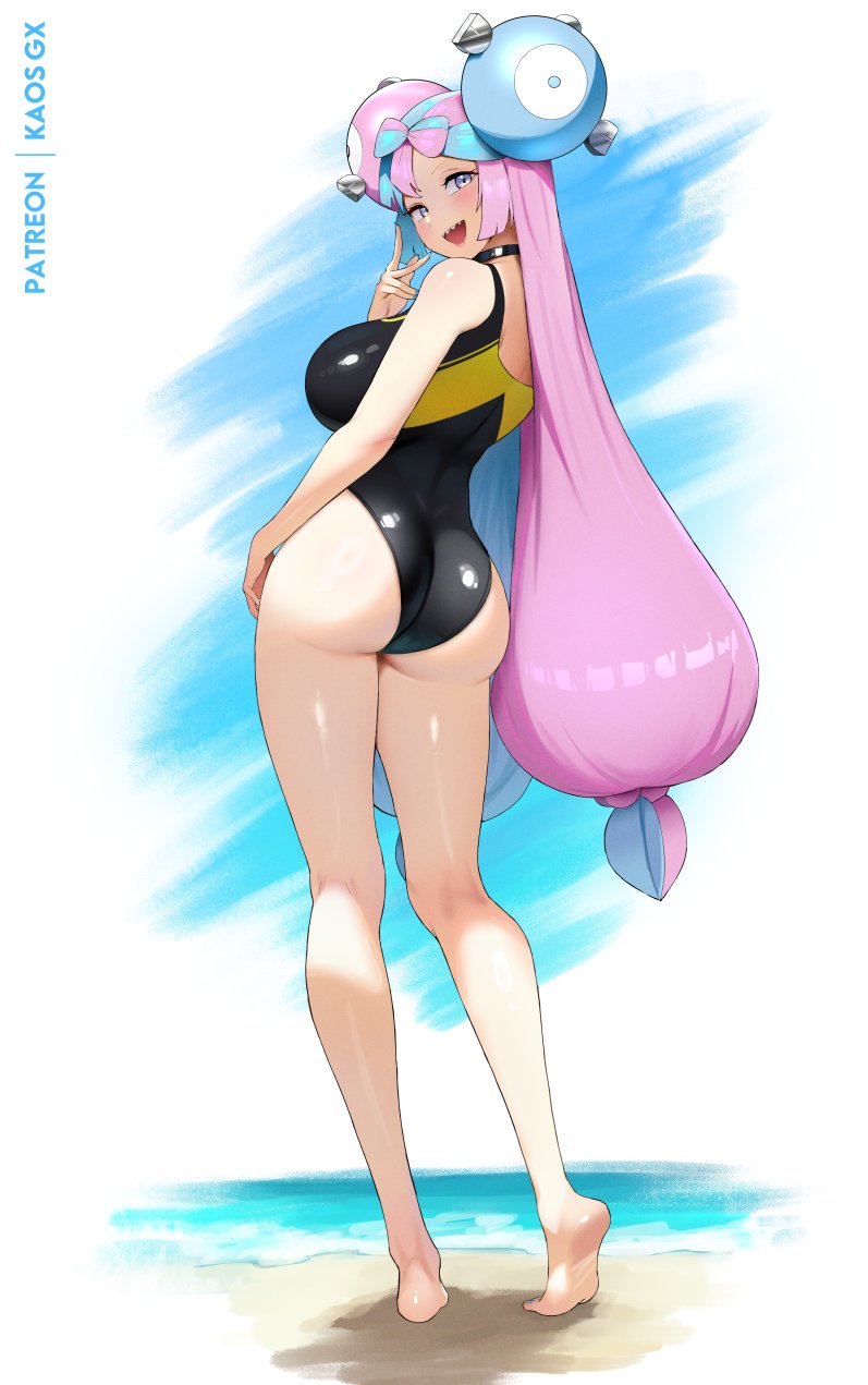 ass, bare shoulders, barefoot, beach, black choker, black one-piece swimsuit, blue sky, blush, bow-shaped hair, breasts, character hair ornament, choker, competition swimsuit, fake hair bun, female, female only, hair ornament, highres, iono (pokemon), kaos art, large breasts, legs, long hair, looking at viewer, looking back, multicolored hair, nintendo, ocean, one-piece swimsuit, open mouth, outdoors, pink hair, pokemon, pokemon sv, sharp teeth, sky, smile, solo, split-color hair, swimsuit, teeth, two-tone hair, very long hair, water