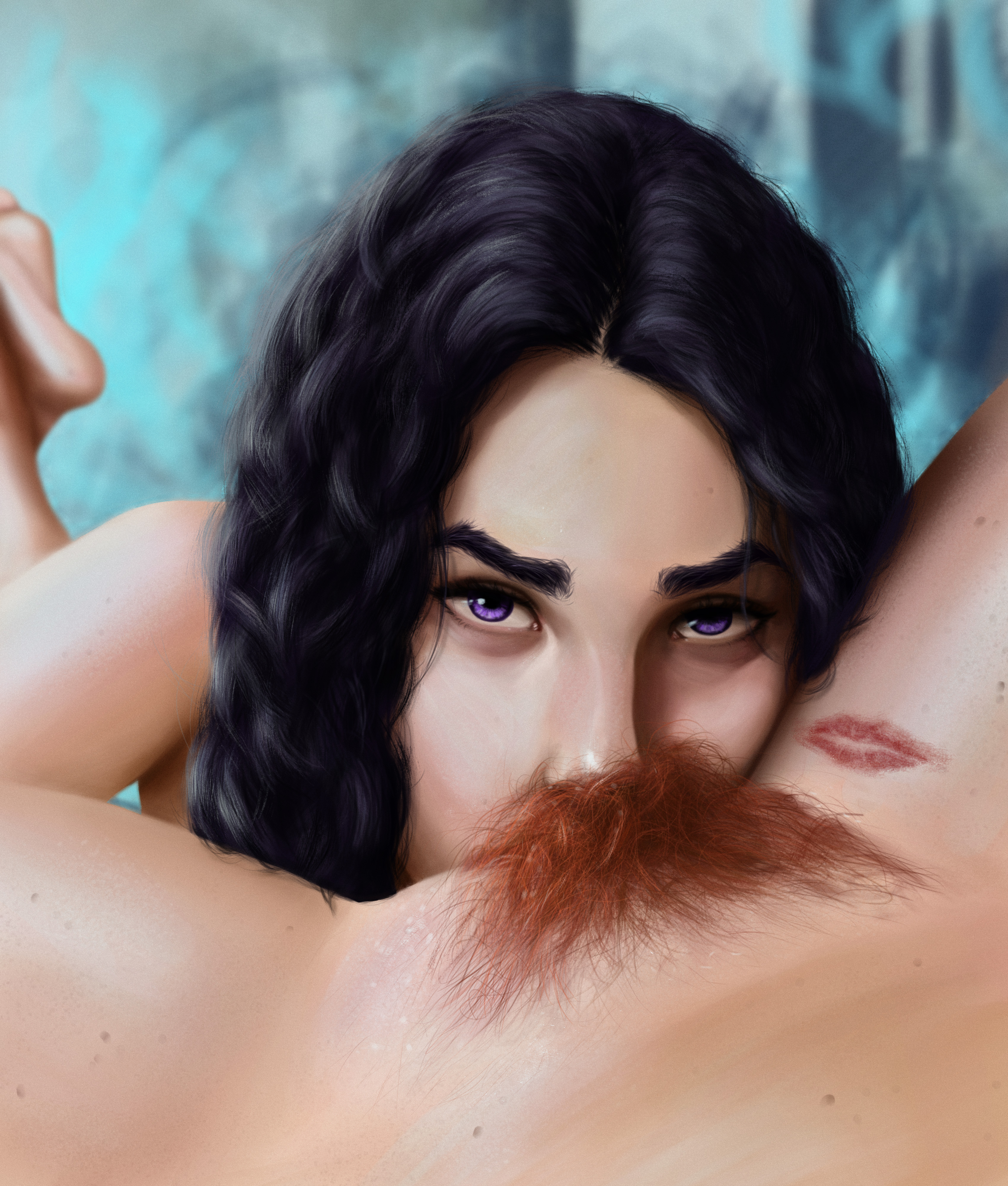 2d, 2girls, black hair, cd projekt red, completely nude, cunnilingus, deivhoyna, eating pussy, feet up, female, kiss mark, light-skinned female, looking at viewer, mascara, nude, pubic hair, purple eyes, pussy, spread legs, the witcher (series), the witcher 3: wild hunt, triss merigold, yennefer, yuri