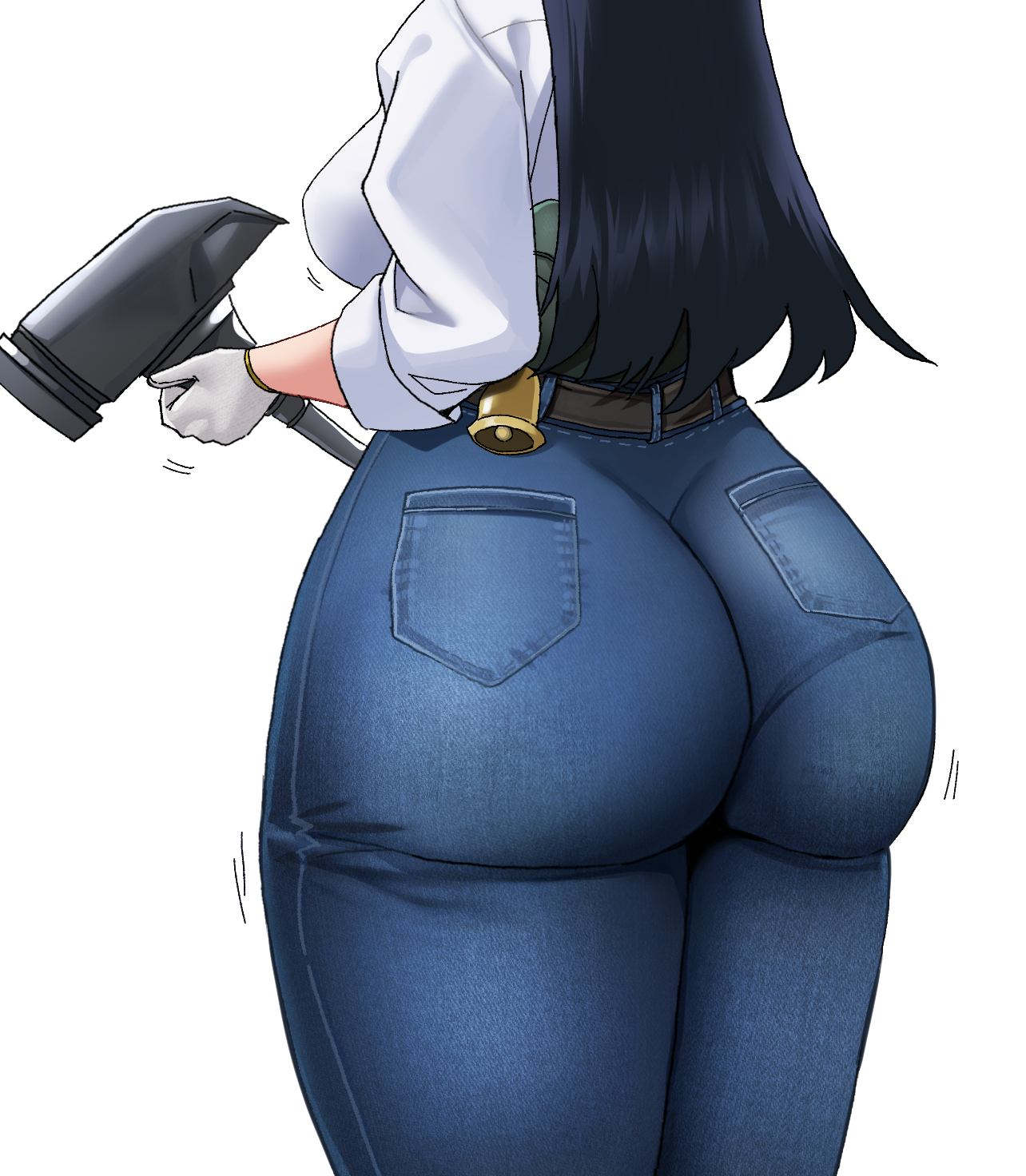 about to burst, arato nagi, ass, ass focus, ass too big, barely contained, barely contained ass, barely fits, bell, bellone, belt, black hair, bursting breasts, denim, denim bottomwear, denim clothing, denim jeans, female, female focus, female only, from behind, fully clothed, gloves, hammer, highres, holding, holding hammer, huge ass, imminent wardrobe malfunction, jeans, long hair, motion lines, pants, ruri no houseki, shirt, simple background, solo, tight fit, tight jeans, too tight, undersized clothes, undersized clothing, white background, white gloves, white shirt
