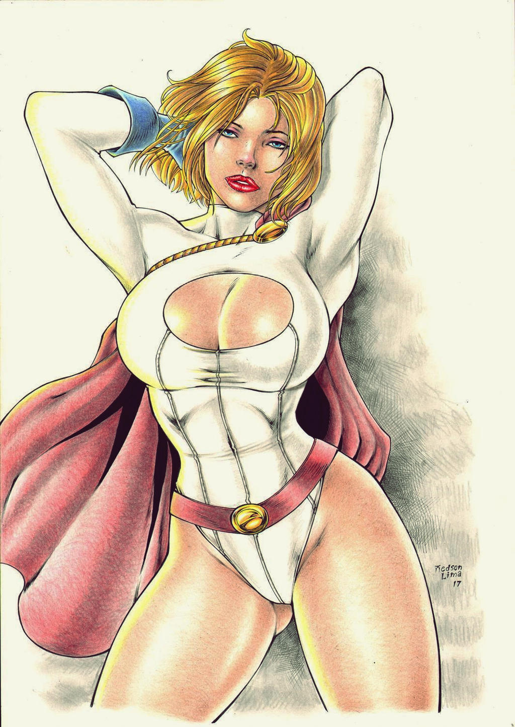 1girls 2017 arms_up big_breasts blonde_hair blue_eyes blue_gloves breasts busty cape cleavage cleavage_cutout clothed curvaceous curvy dated dc dc_comics earth-2 earth2 earth_2 ed_benes_studio eyeshadow female female_only gloves huge_breasts jsa justice_society justice_society_of_america karen_starr kryptonian large_breasts leotard lipstick makeup mascara medson_lima pinup posing power_girl red_cape red_lips red_lipstick short_hair signature solo standing stretching superheroine thick_thighs thighs voluptuous white_leotard