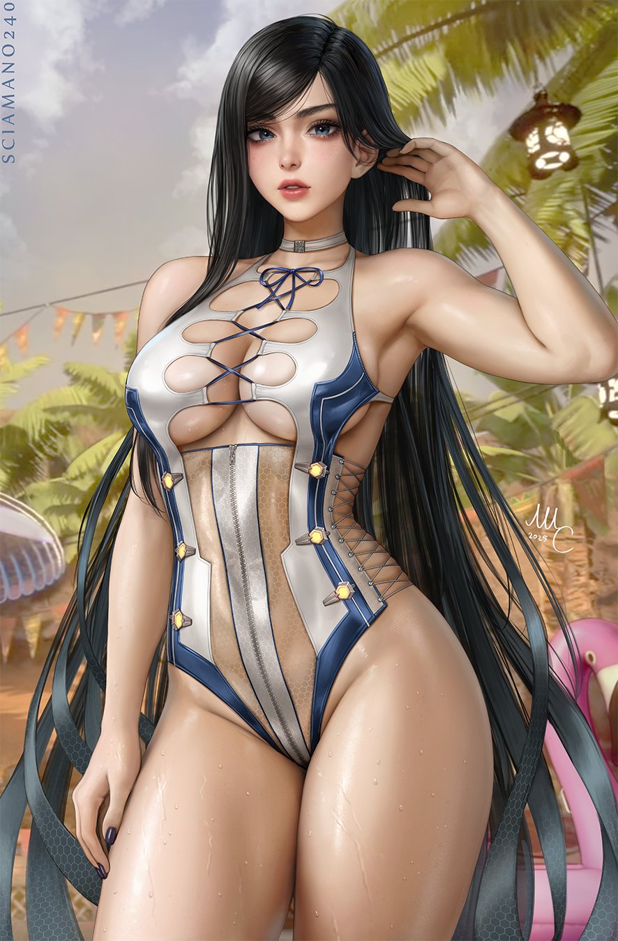 1girls, black hair, blue nails, boob window, boobs, breasts, brunette, brunette hair, detailed background, female, lips, lipstick, long hair, mirco cabbia, nail polish, raven (stellar blade), sciamano240, signature, stellar blade, swimsuit, zipper