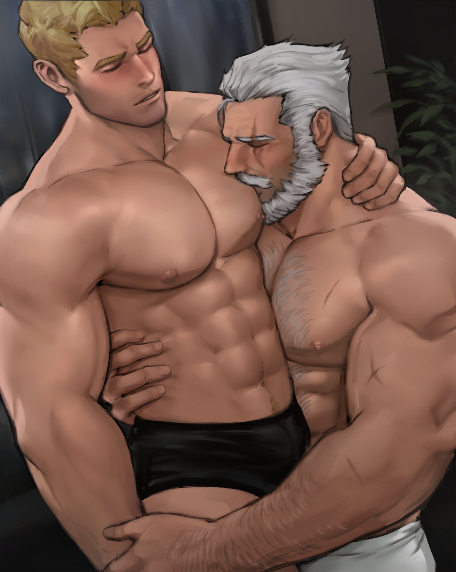 2boys, abs, age difference, arm hair, bara, beard, blonde hair, blush, bulge, dilf, dopq, gay, hairy chest, large pectorals, larger male, larger male smaller male, male, male focus, moustache, muscular, nipples, overwatch, partially clothed, pecs, pectorals, reinhardt, silver fox, soldier 76, strike commander morrison, white hair, yaoi, yy6242