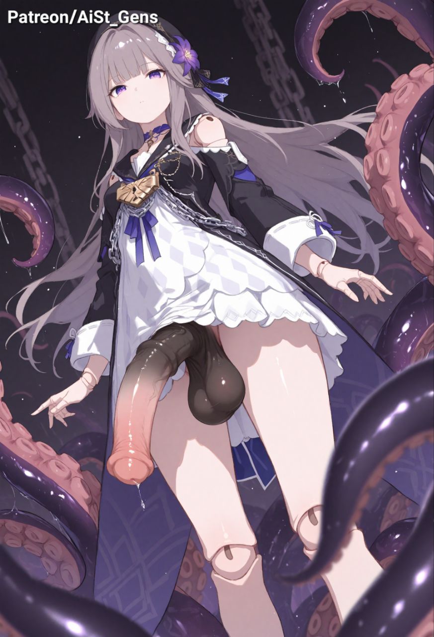 ai generated, aist , beret, big penis, doll, doll joints, flower, futanari, gray hair, herta (honkai: star rail), honkai: star rail, horsecock, intersex, long hair, penis, precum, purple eyes, tentacle