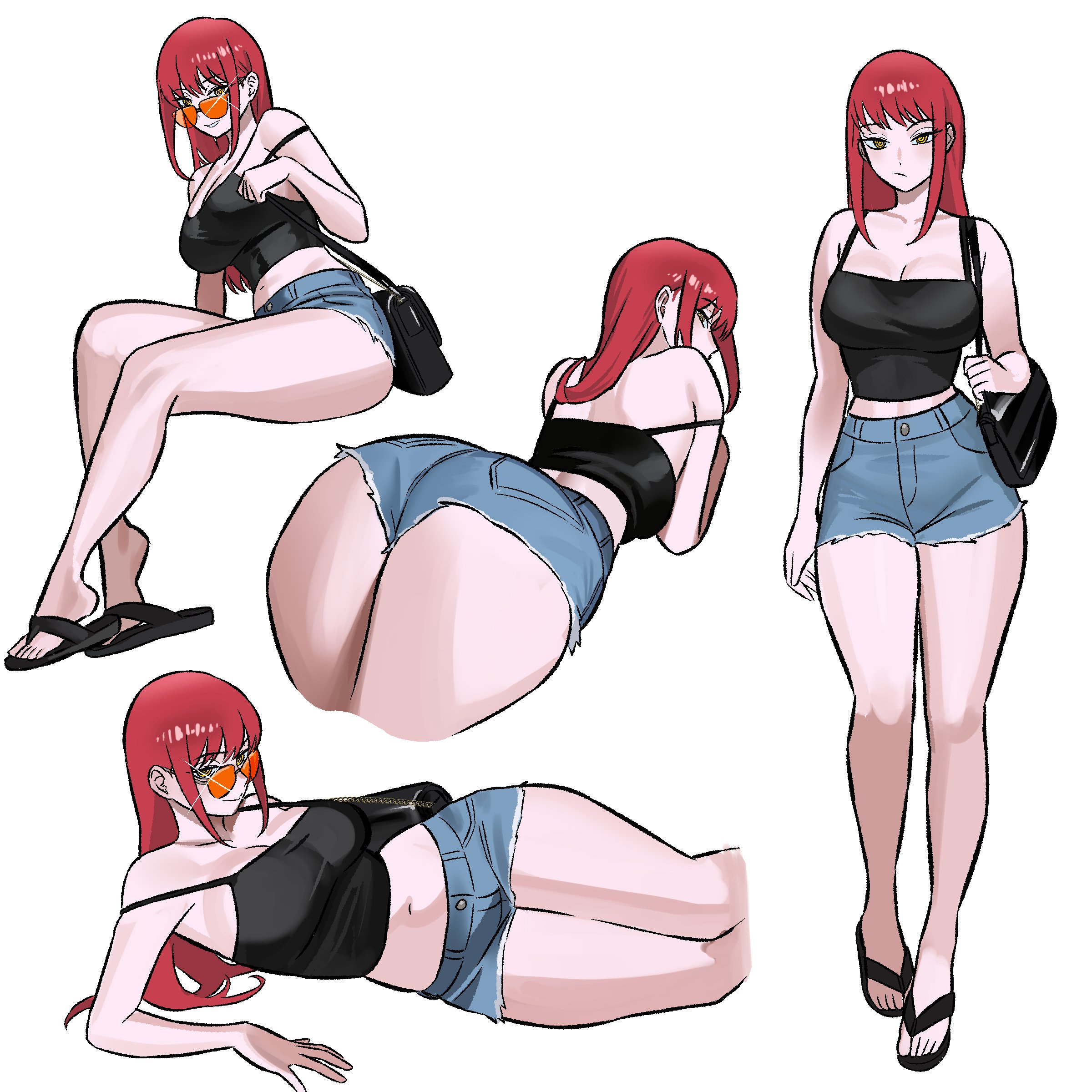 1girls, absurdres, adult, adult female, alternate costume, ass, black camisole, blue shorts, camisole, chainsaw man, denim, denim shorts, disinterested, emotionless, emotionless female, female, female only, highres, indifferent, makima (chainsaw man), mature, mature female, navel, oblivious, red hair, red-haired female, ring eyes, ringed eyes, shorts, solo, unbothered, white background, wholesome, yellow eyes, yellow-eyed female, zeon (zzeeonn)