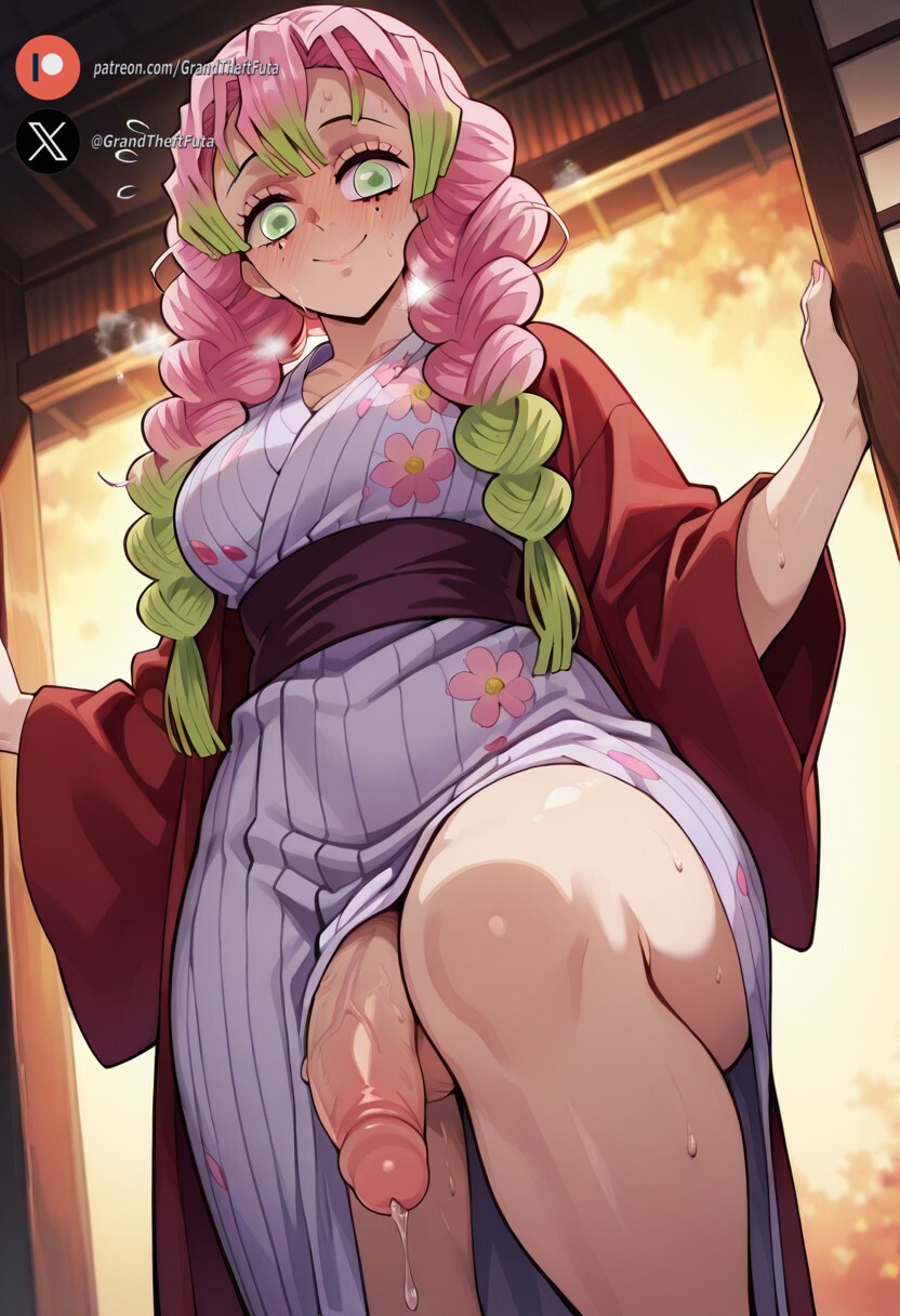 1futa, ai generated, balls, big penis, blush, breasts, clothing, cock, demon slayer, dickgirl, flaccid, futa only, futanari, green eyes, huge cock, indoors, intersex, kanroji mitsuri, kimetsu no yaiba, light skin, light-skinned futa, long hair, looking at viewer, low-angle view, medium breasts, penis, pink hair, precum, roxygtf, smug, solo, standing, sweat, sweating, sweaty body