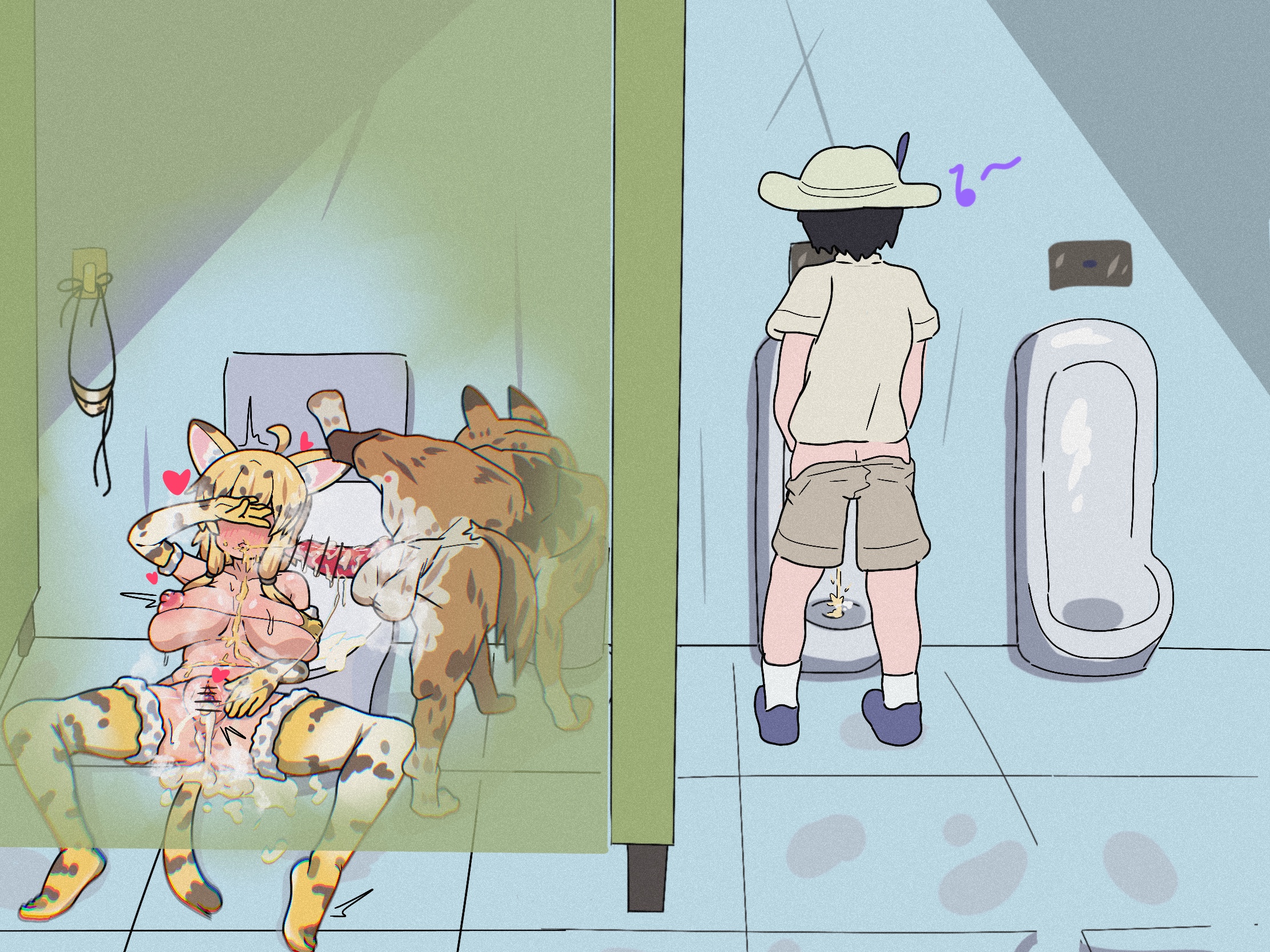 1girls, 2boys, after sex, after vaginal, animal ears, animal genitalia, animal penis, animal tail, bar censor, bathroom, breasts, canid, canine, canine genitalia, canine penis, canis, censor bar, censored, censored penis, clothed, clothed female, clothing, cum, cum in pussy, dog penis, domestic dog, female, kemono friends, kemonomimi, knot, knotted penis, long hair, looking at viewer, male, male/female, medium breasts, peeing, peeing in mouth, penetration, penis, pointy ears, public restroom, pussy, sand cat (kemono friends), seiranaichi, sex, tail, toilet, urinating, urinating male, urination, urine, x-ray, zoophilia