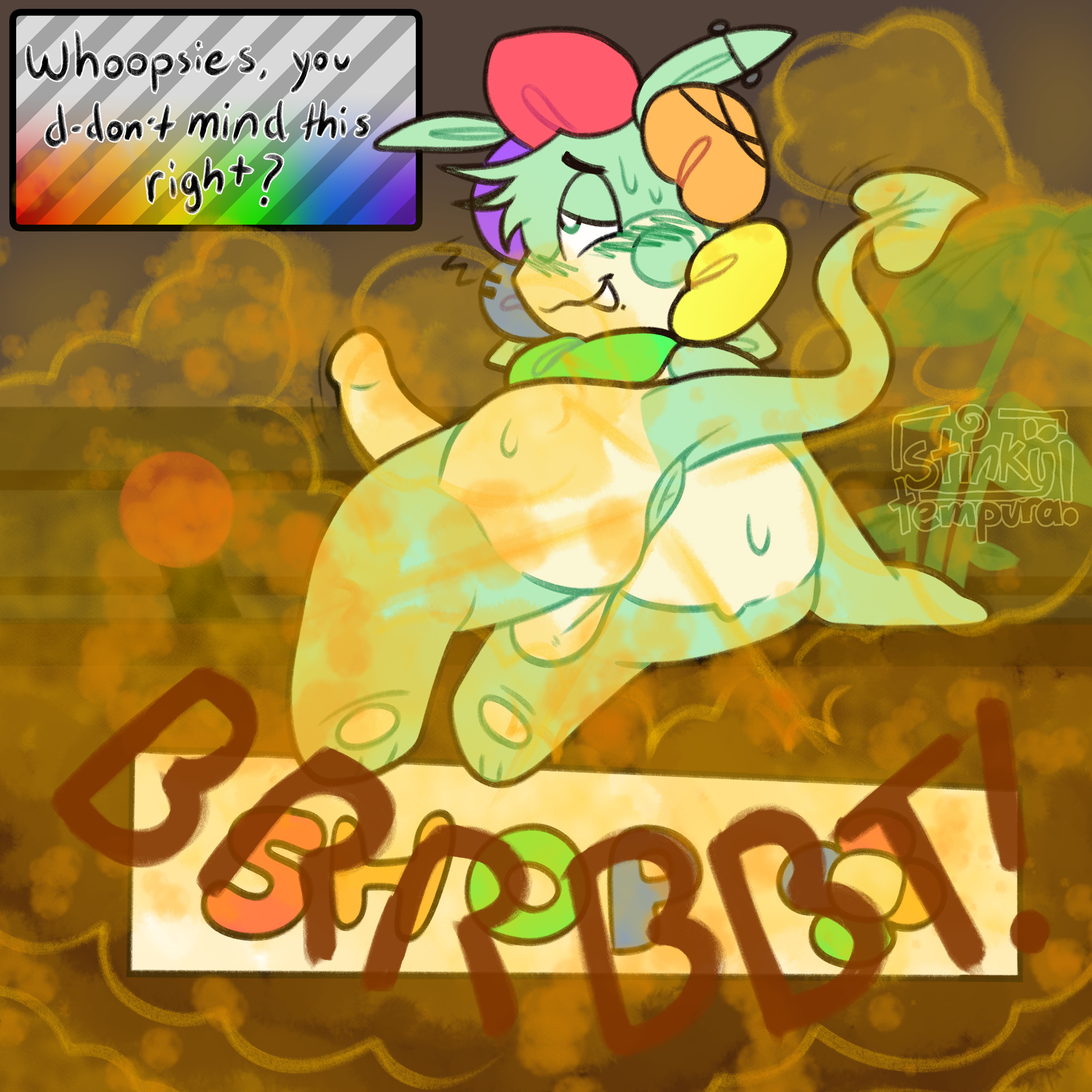 anus, ass, ass focus, ass sweat, asshole, blush, dandy (dandy's world), dandy's world, dialogue, embarrassed, erection, fart, fart cloud, fart fetish, fetish, male, male fart, male only, onomatopoeia, penis, piercing, piercings, solo, stinkslutbunny, sweat, watermark
