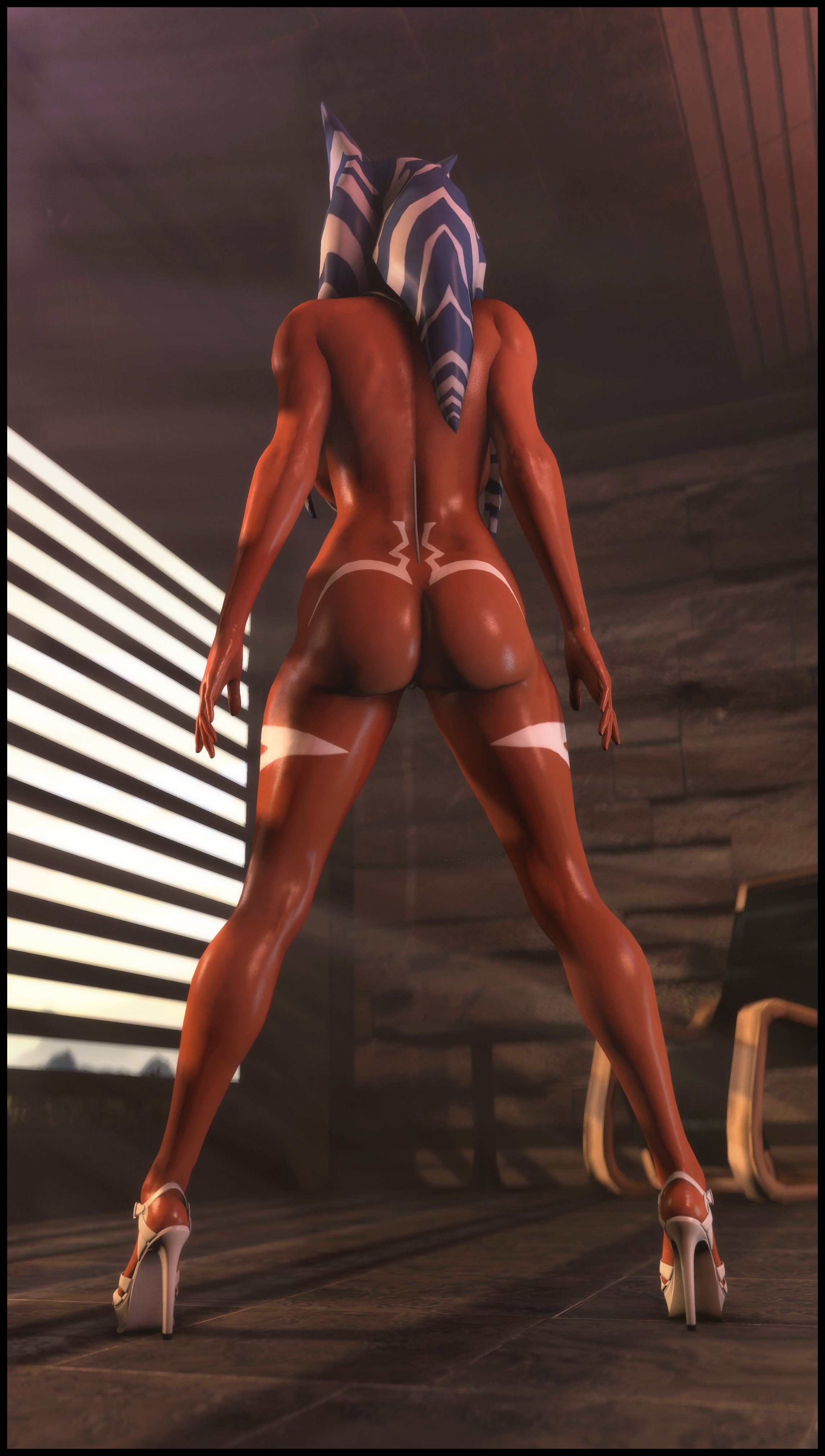 1girls, 3d, ahsoka tano, alien, ass, back view, female, female only, foab30, high heels, nude, orange skin, solo, star wars, togruta