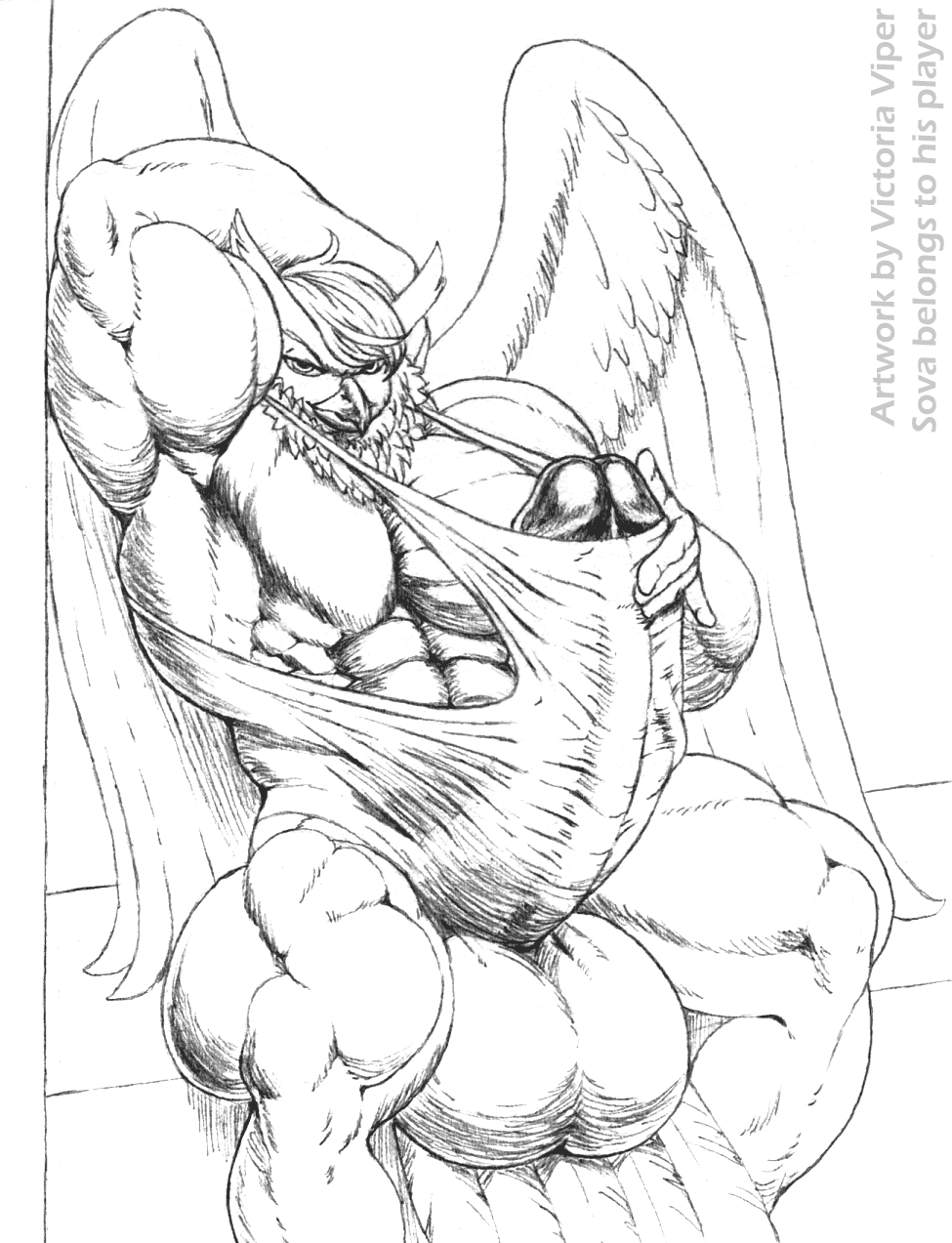 2016 anthro arm_up avian big_veins bulge erection frenulum furry gigantic_penis gigantic_testicles hand_on_penis male_only monochrome muscular naughty_face owl penis_outline pinky_out sova sova_13 spandex tenting thick_penis traditional_media_(artwork) veiny_penis victoria_viper wings wrestling_outfit