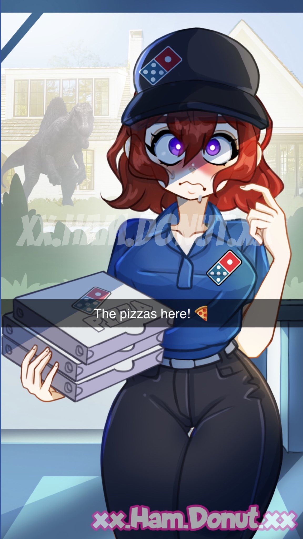1girls, 1other, ari (class of '09), artist name, artist watermark, blush, blushing, class of '09, clothes, clothing, dangerous beast, dinosaur, domino's pizza, english text, female, female focus, hat, headwear, jurassic park (franchise), jurassic park 3, logo, logo on clothes, logo on headwear, logo on topwear, pants, pizza box, pizza delivery, pizza delivery girl, purple eyes, sfw, snapchat, spinosaurus, spinosaurus (jurassic park 3), text, thigh gap, thighs, xx.ham.donut.xx