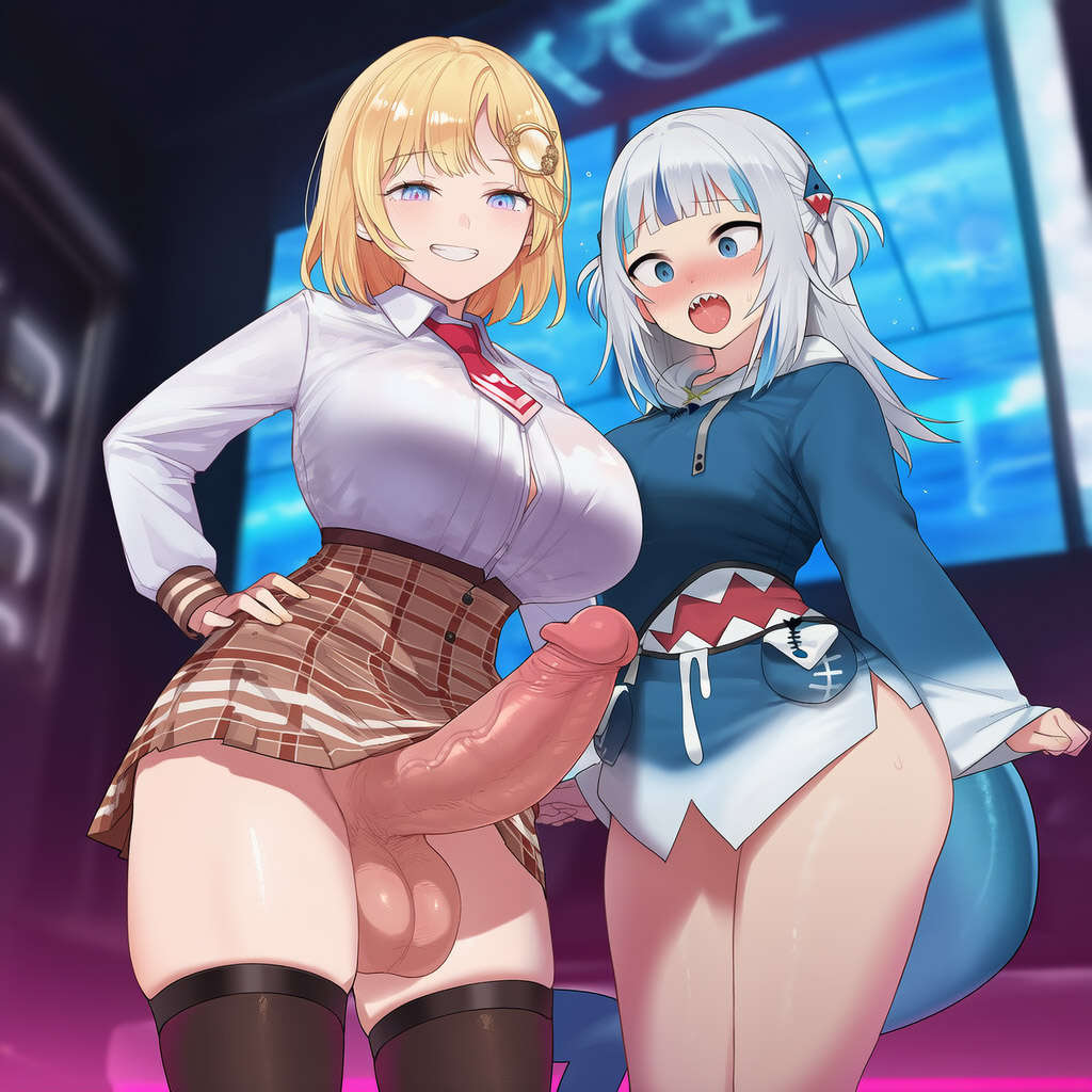 2girls, ai generated, balls, bangs, black legwear, blonde hair, blue eyes, blurry, blurry background, blush, breasts, erection, eyebrows visible through hair, female, futa on female, futa with female, futanari, gawr gura, grin, hair ornament, hand on hip, hololive, hololive english, huge cock, imminent sex, intersex, large breasts, large penis, long hair, long sleeves, looking at penis, looking at viewer, multicolored hair, open mouth, penis, penis awe, pleated skirt, racerai, sharp teeth, shirt, short hair, skirt, smile, teeth, testicles, thighhighs, uncensored, veiny penis, virtual youtuber, watson amelia, yuri