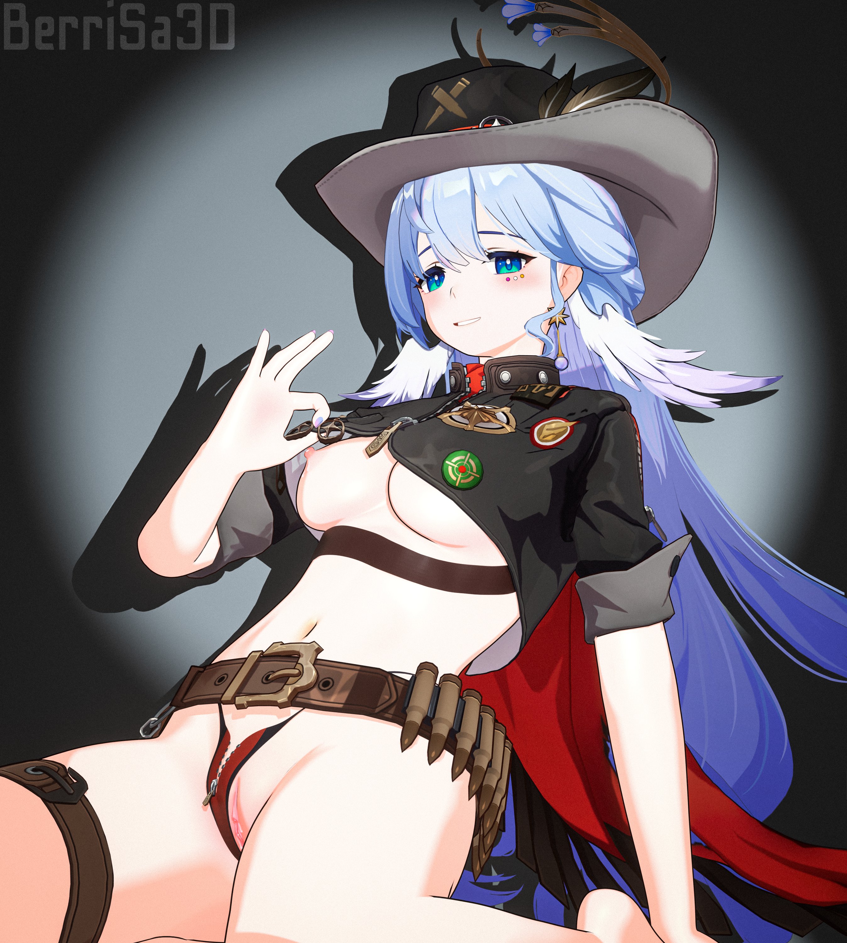 1girls, 3d, 3d model, berrisa3d, blush, blushing at viewer, blushing female, boothill (honkai: star rail), breasts, clitoris, cowboy shot, cowgirl, exposed nipples, exposed pussy, female, female only, green eyes, honkai (series), honkai: star rail, hoyoverse, legs, light skin, light-skinned female, long hair, looking at viewer, medium breasts, nipples, pink pussy, pussy, robin (honkai: star rail), smile, smiling at viewer, solo, tagme, video game character